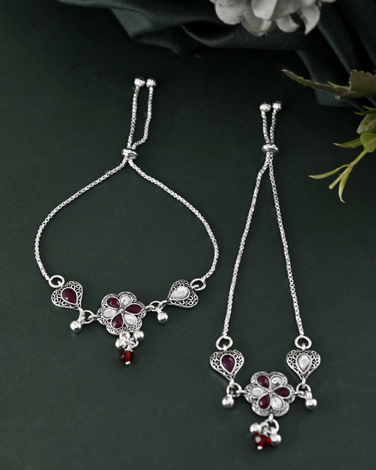 VOJ Set of 2 Silver Plated Floral Meenakari Anklet - Swadesiicart