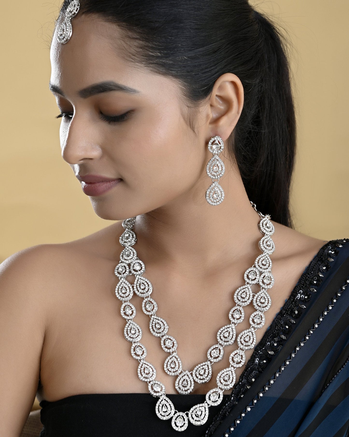 VOJ Sliver Plated American Diamond Studded Jewellery Set - Swadesiicart