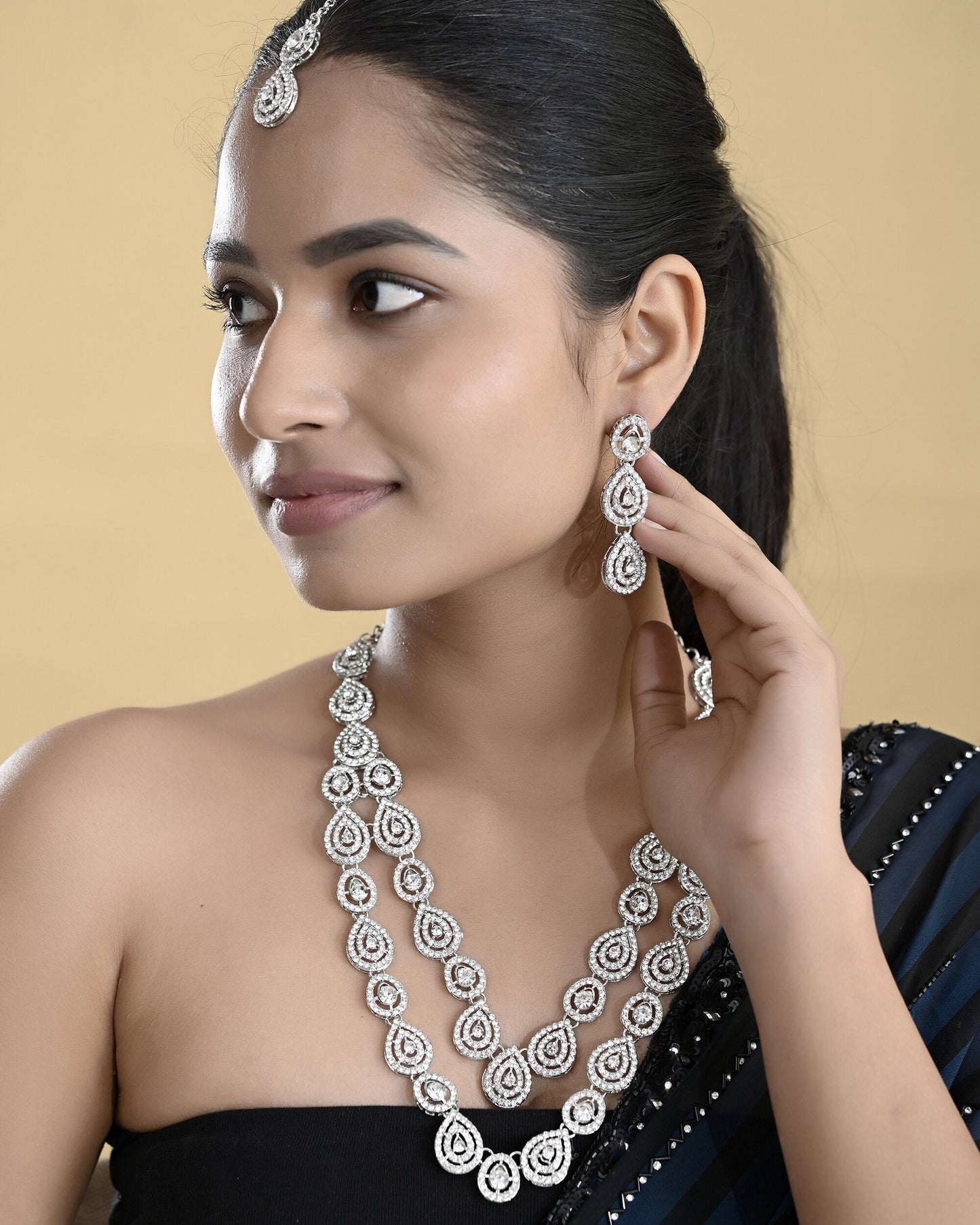 VOJ Sliver Plated American Diamond Studded Jewellery Set - Swadesiicart