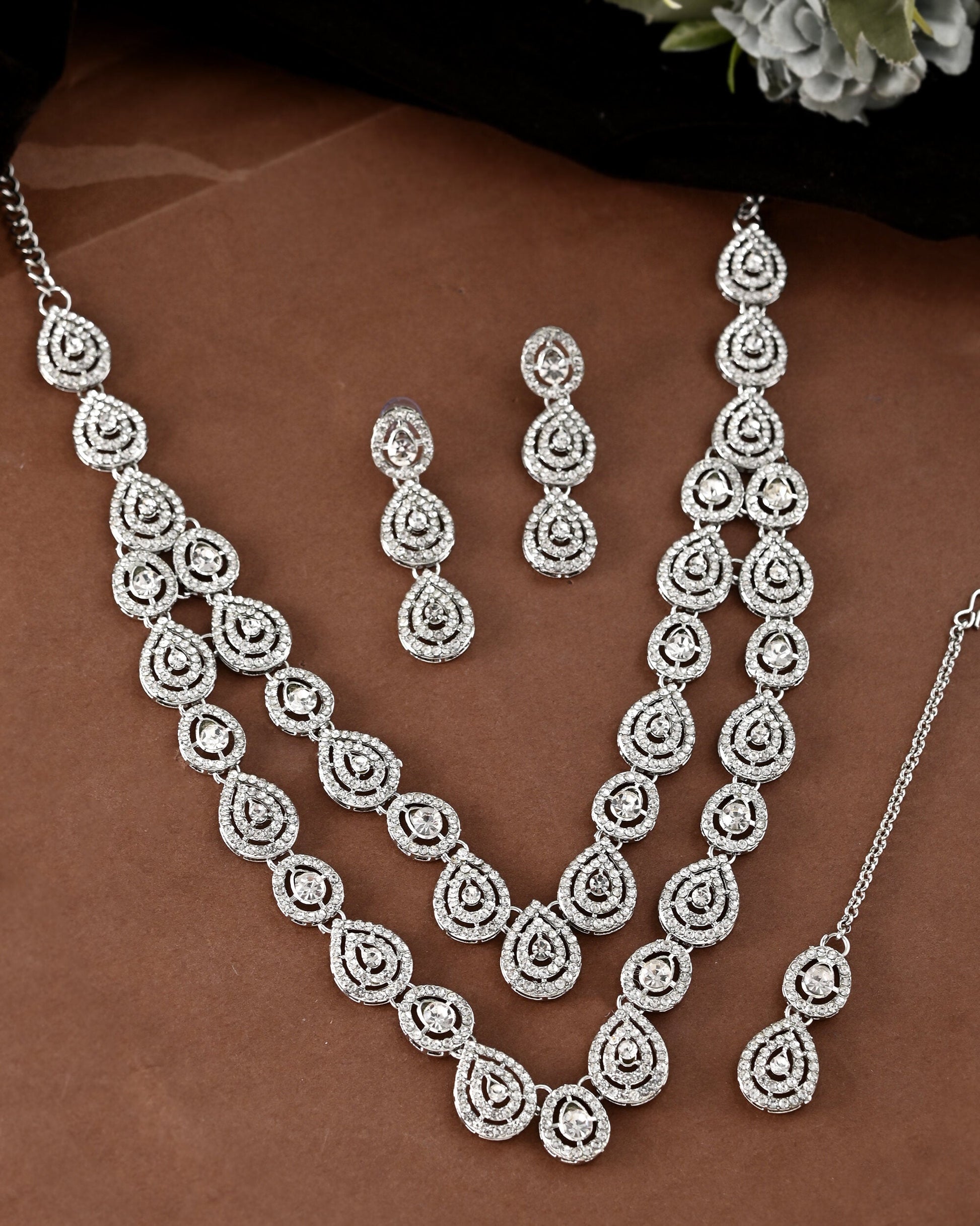 VOJ Sliver Plated American Diamond Studded Jewellery Set - Swadesiicart