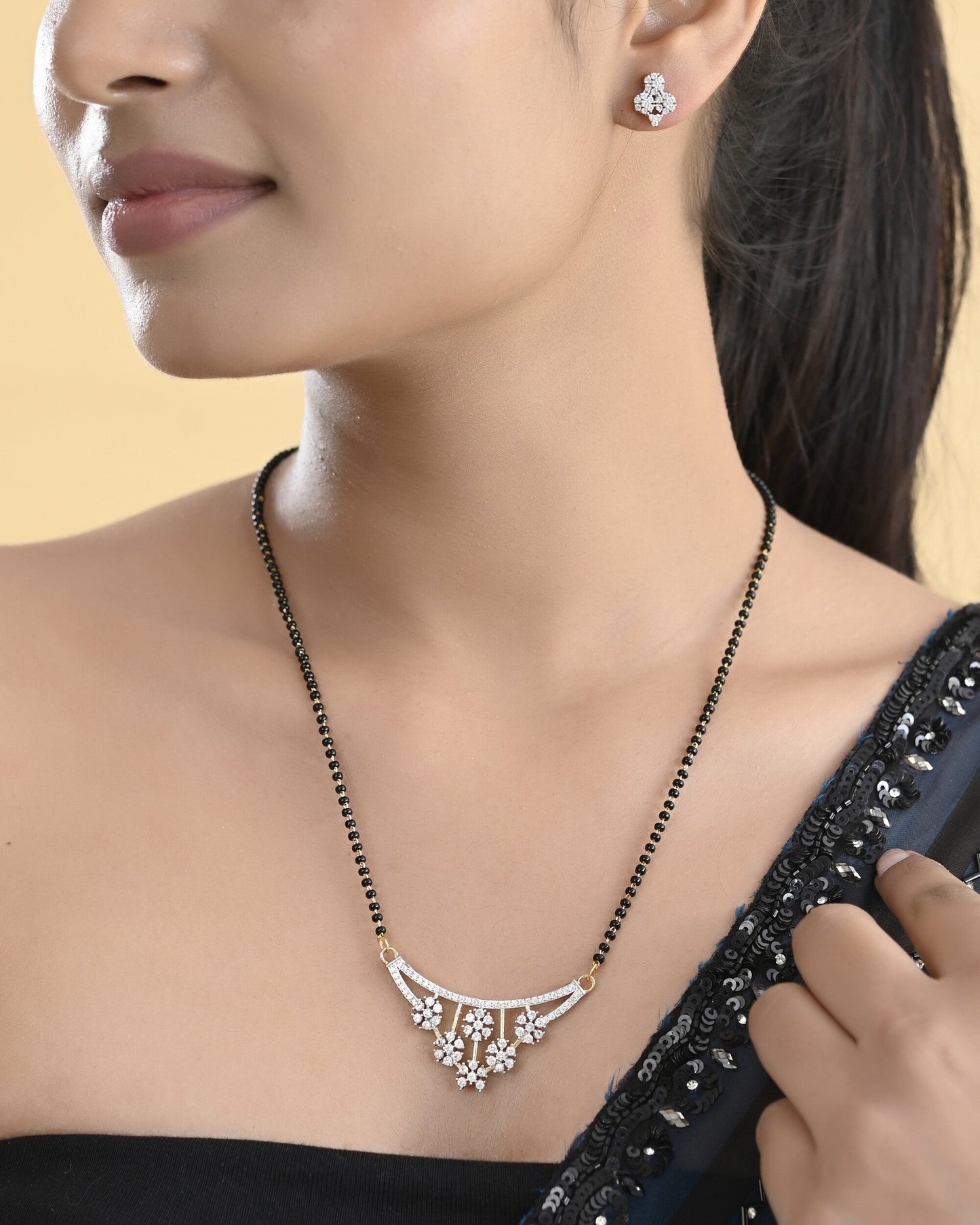 VOJ Gold Toned AD Stone Studded Floral MangalSutra Set - Swadesiicart