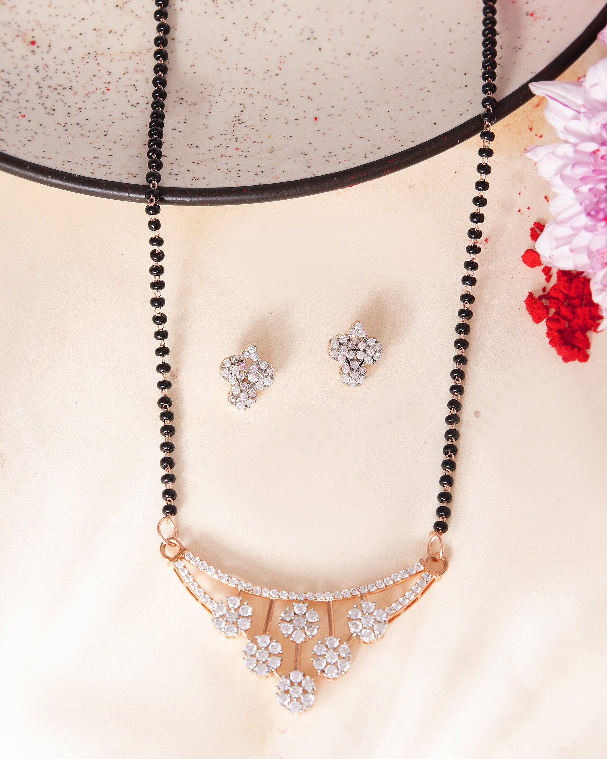 VOJ Rose Gold Toned AD Stone Studded Floral MangalSutra Set - Swadesiicart