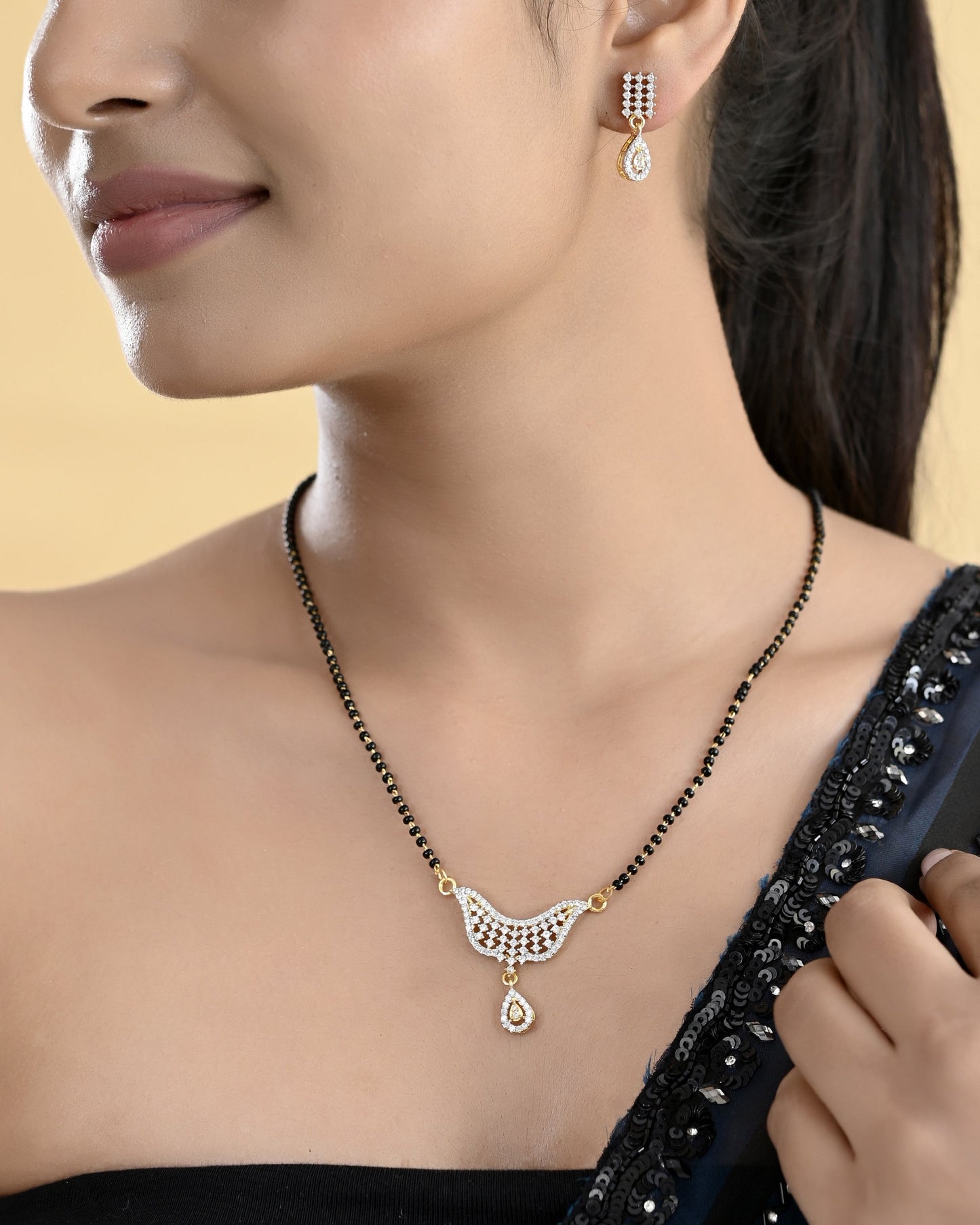 VOJ Gold-Polished Designer AD Mangalsutra Set - Swadesiicart