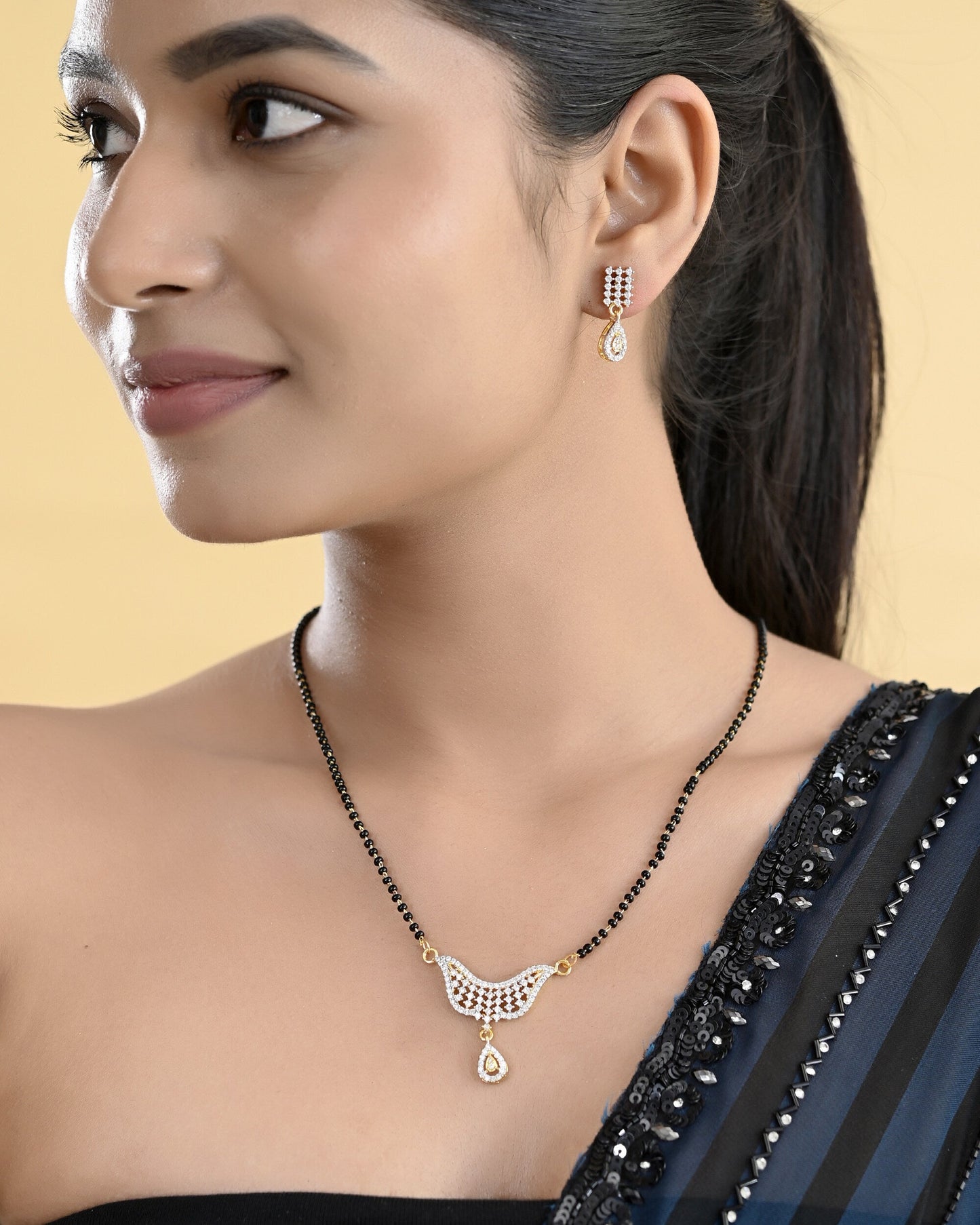 VOJ Gold-Polished Designer AD Mangalsutra Set - Swadesiicart