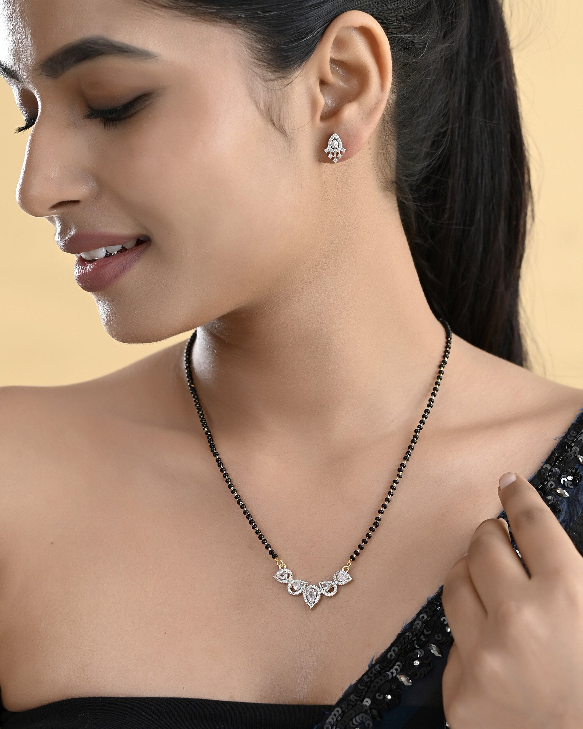 VOJ Gold-Polished Tear Drop Shape AD Mangalsutra Set - Swadesiicart