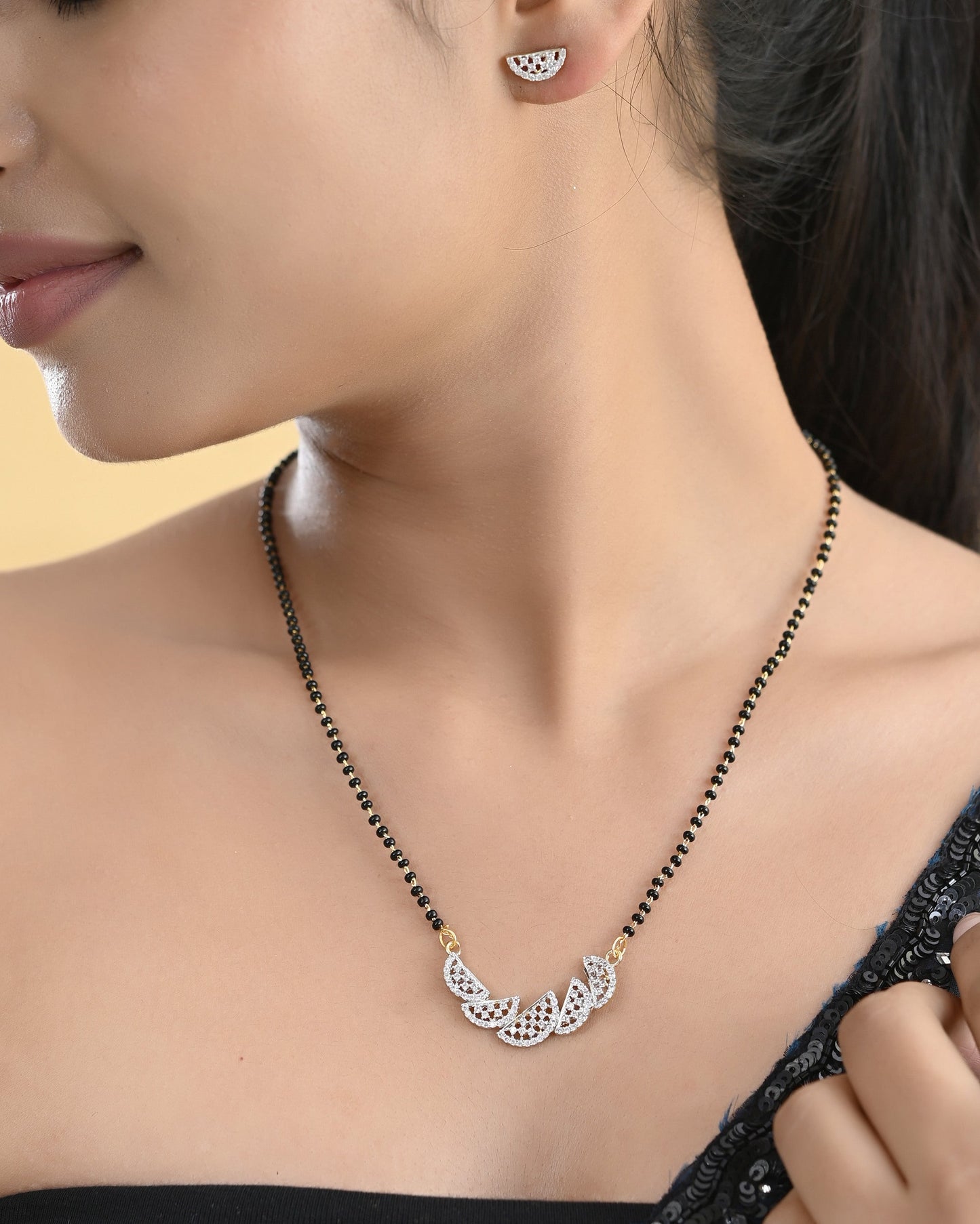 VOJ Gold-Polished Semi Circle Shape AD Mangalsutra Set - Swadesiicart
