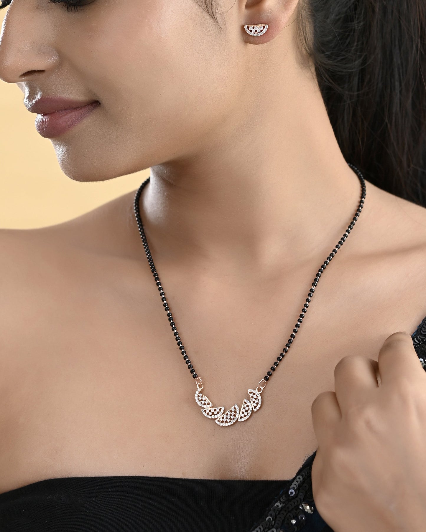 VOJ Rose Gold-Polished Semi Circle Shape AD Mangalsutra Set - Swadesiicart