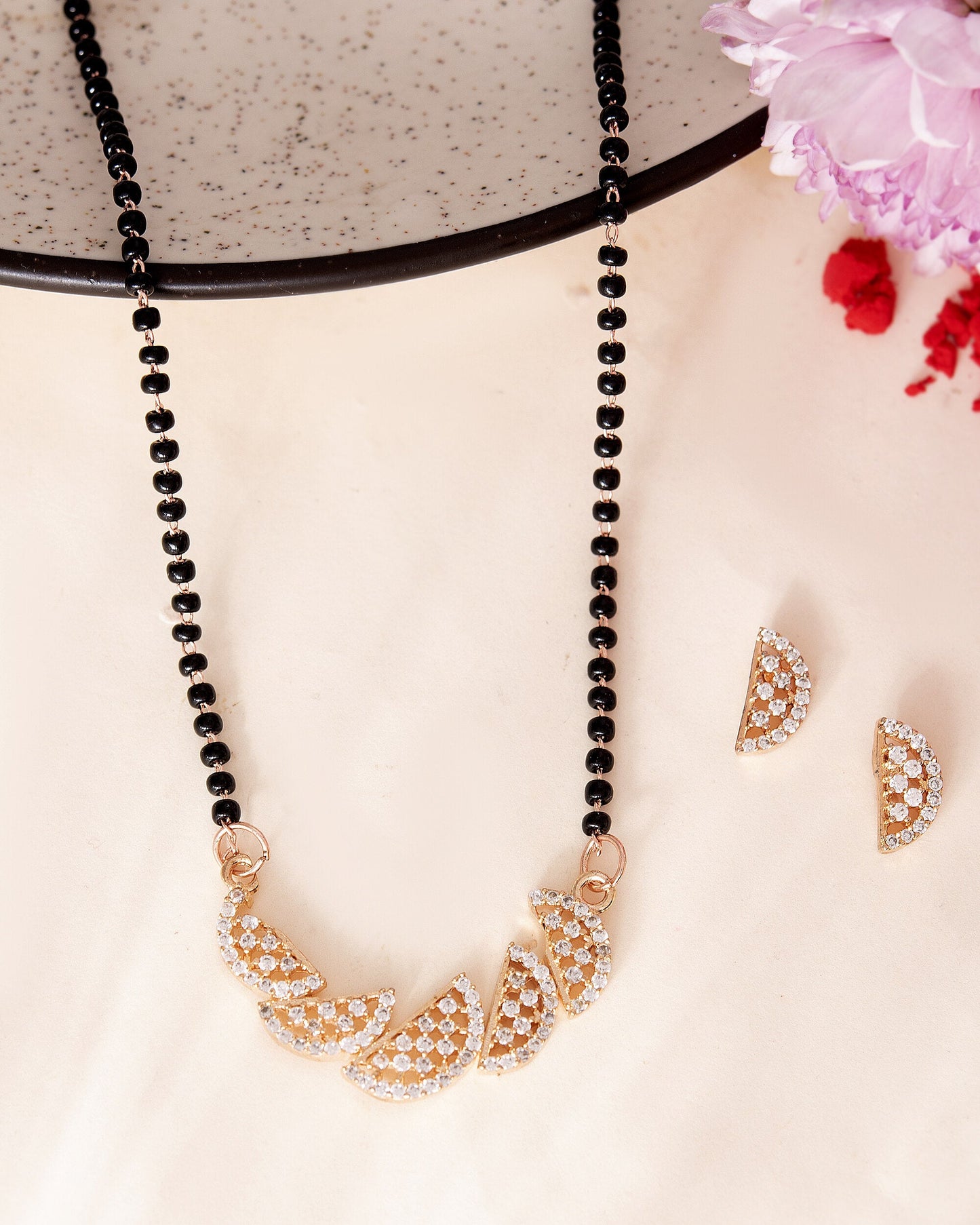 VOJ Rose Gold-Polished Semi Circle Shape AD Mangalsutra Set - Swadesiicart