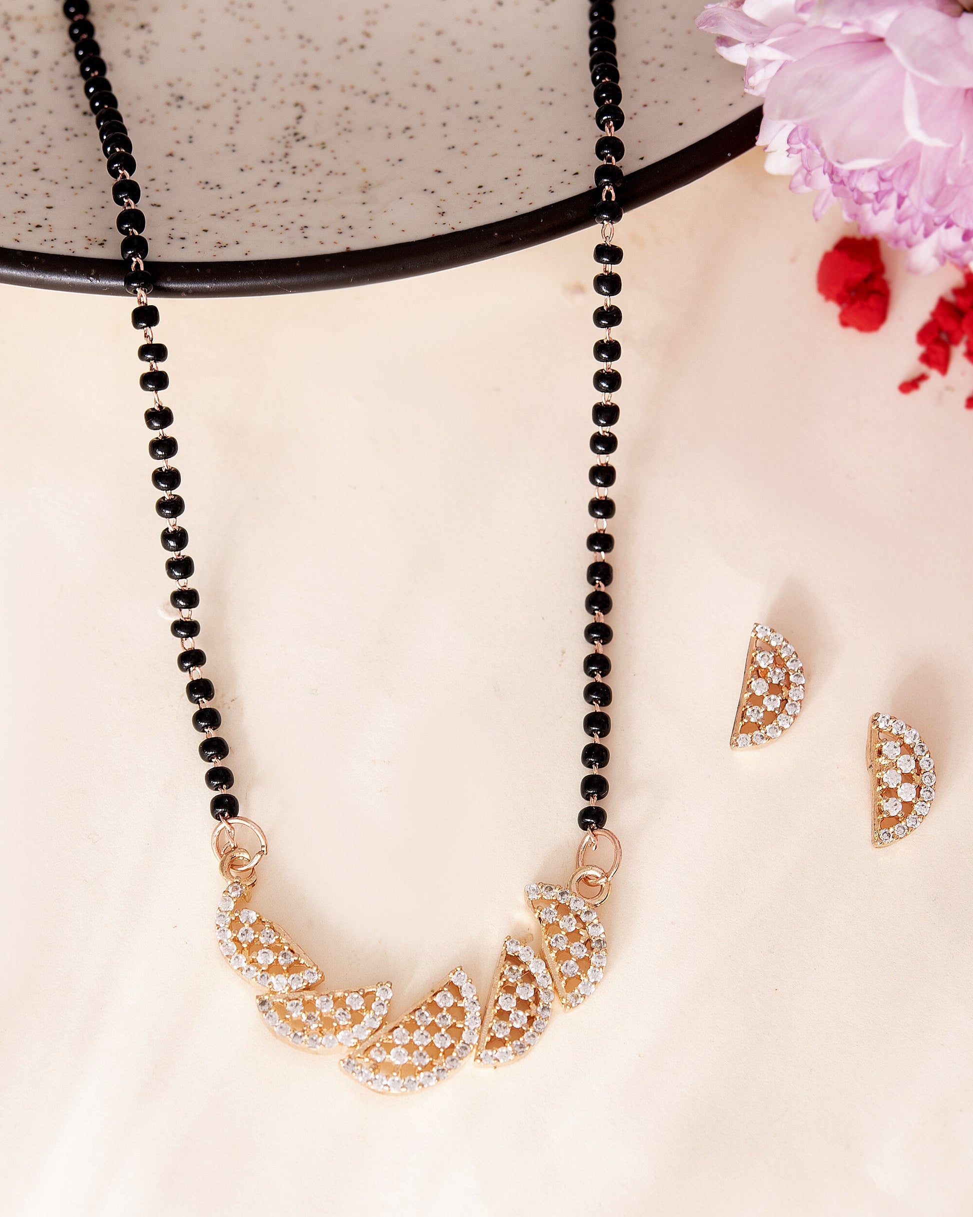 VOJ Rose Gold-Polished Semi Circle Shape AD Mangalsutra Set - Swadesiicart