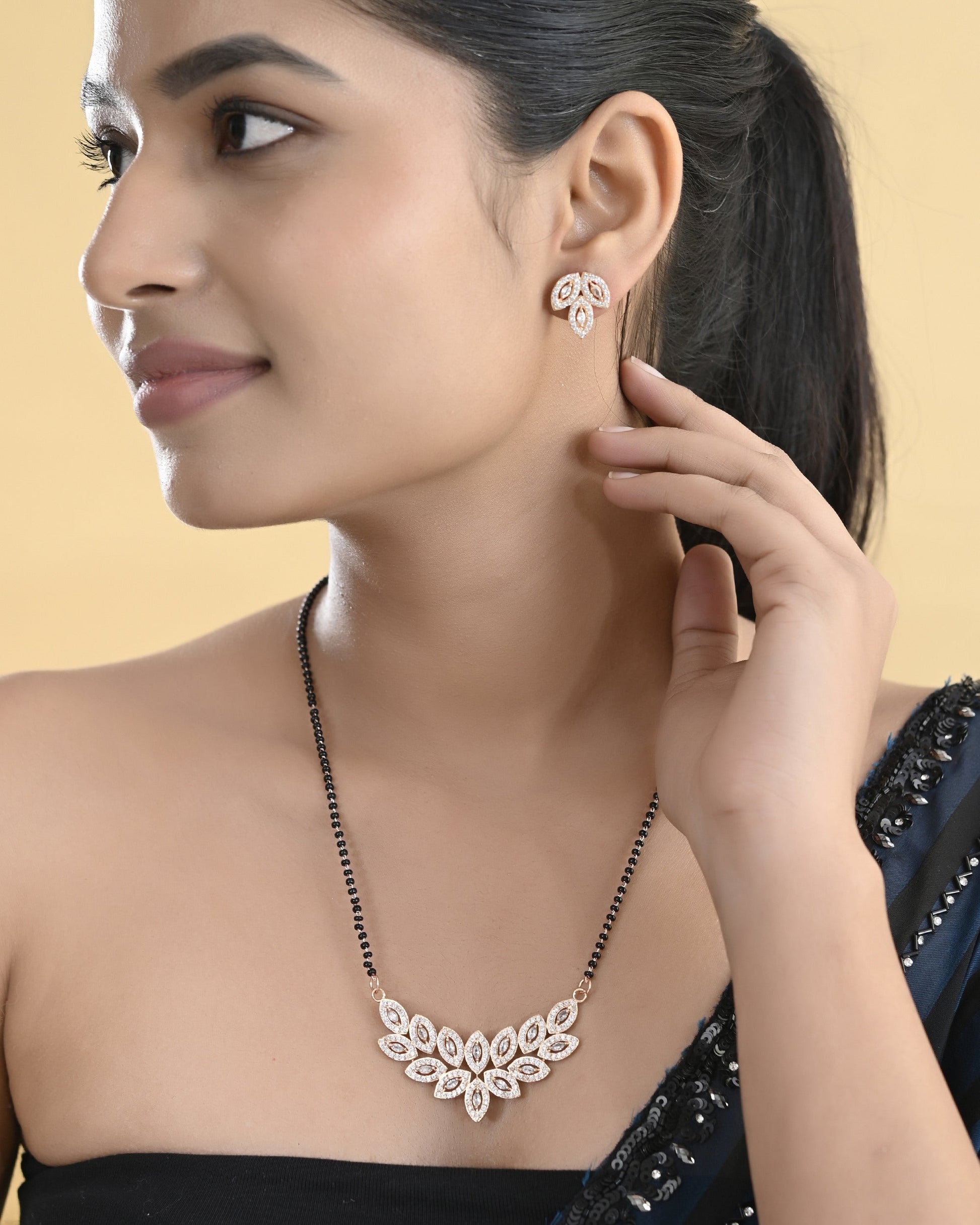 VOJ Gold-Polished Stylish Tear Drop AD Mangalsutra Set - Swadesiicart