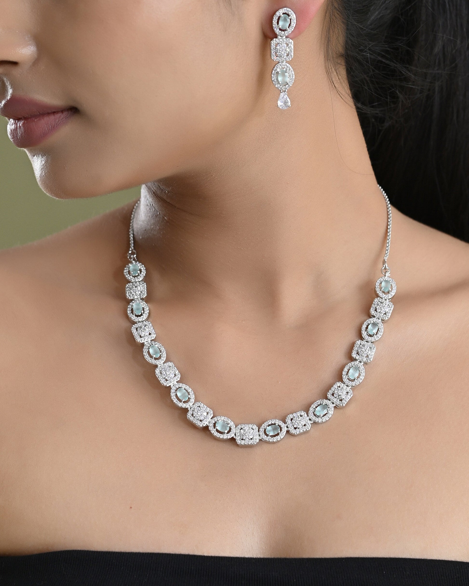VOJ Silver Plated Mint Green Stone AD Jewellery Set - Swadesiicart