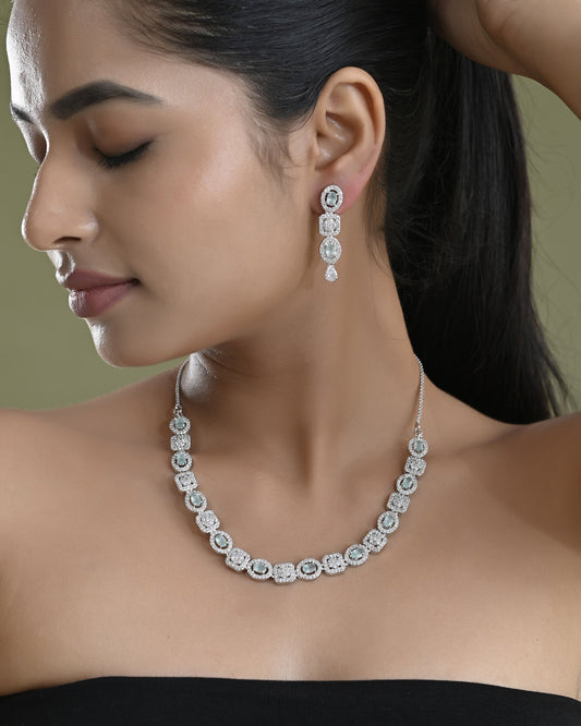 VOJ Silver Plated Mint Green Stone AD Jewellery Set - Swadesiicart