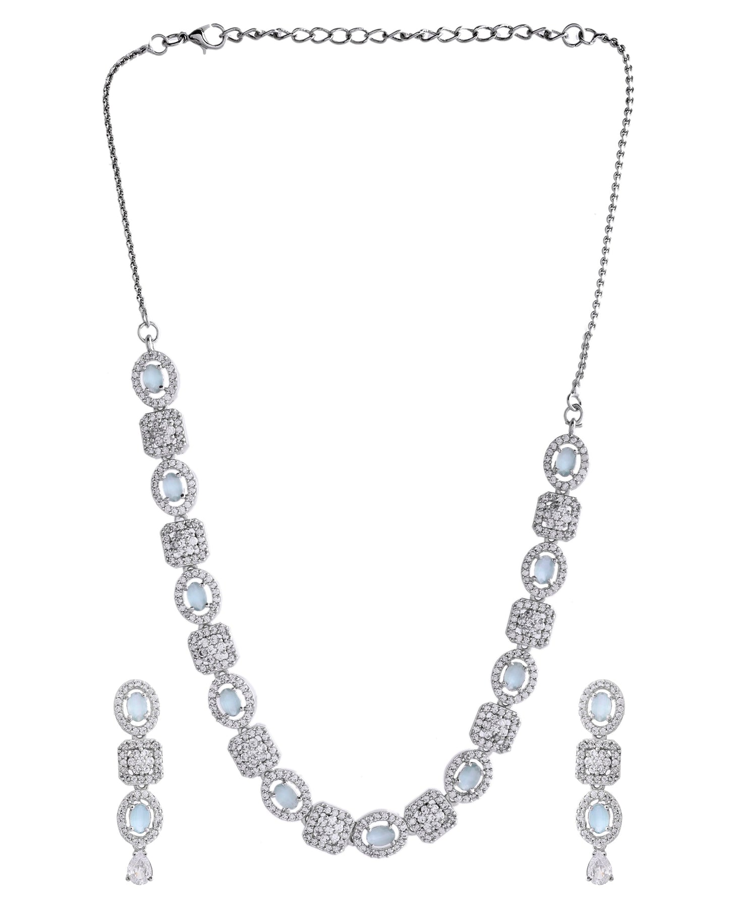 VOJ Silver Plated Mint Green Stone AD Jewellery Set - Swadesiicart