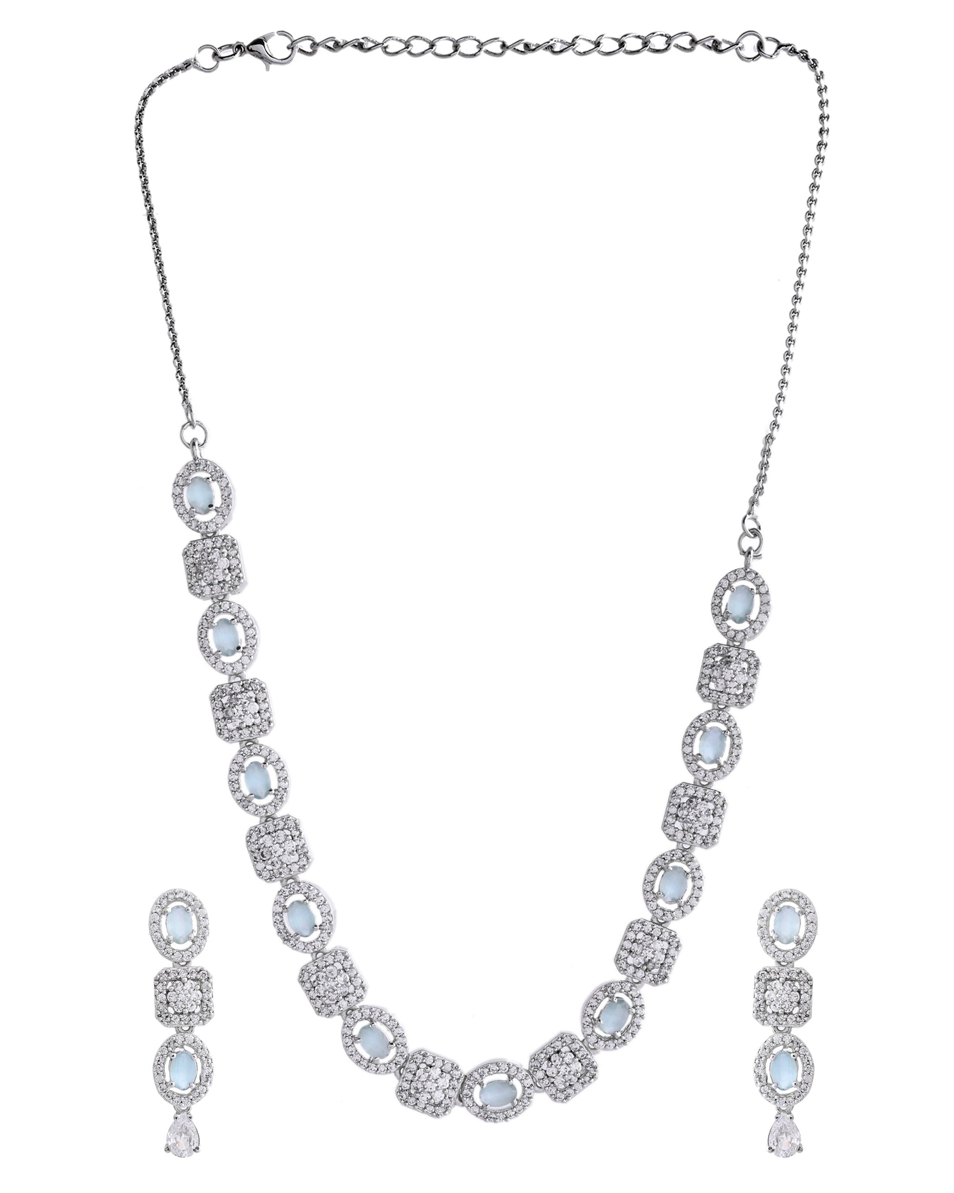 VOJ Silver Plated Mint Green Stone AD Jewellery Set - Swadesiicart
