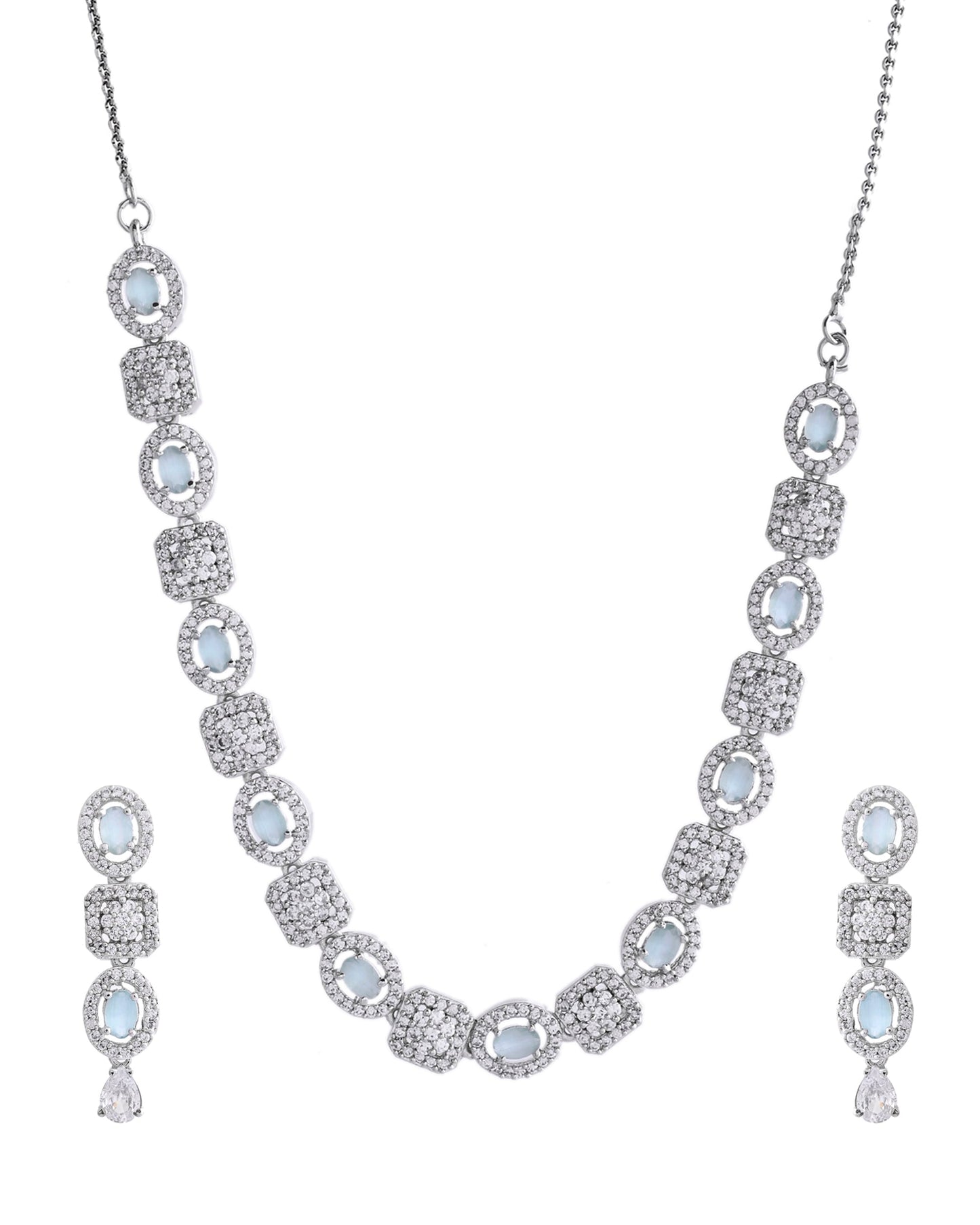 VOJ Silver Plated Mint Green Stone AD Jewellery Set - Swadesiicart