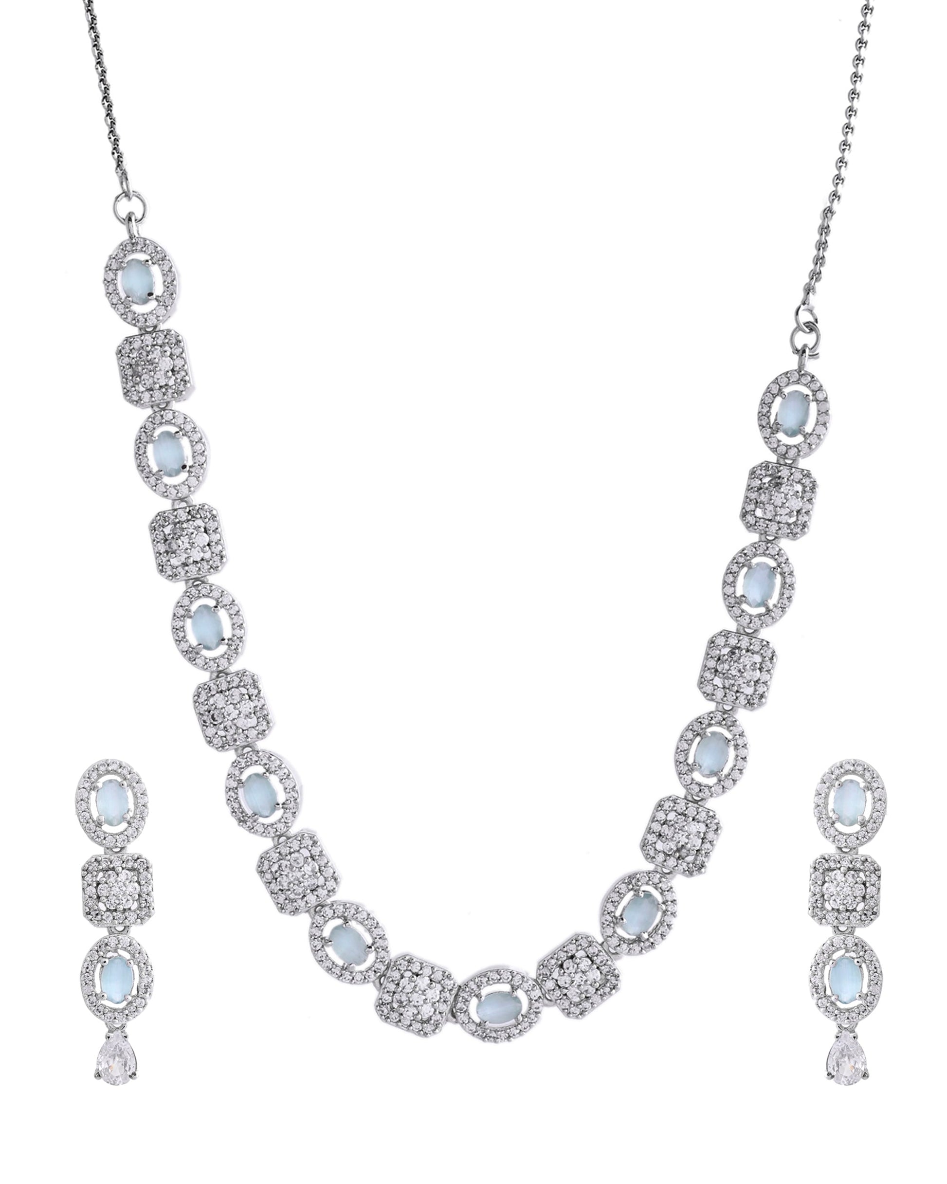 VOJ Silver Plated Mint Green Stone AD Jewellery Set - Swadesiicart