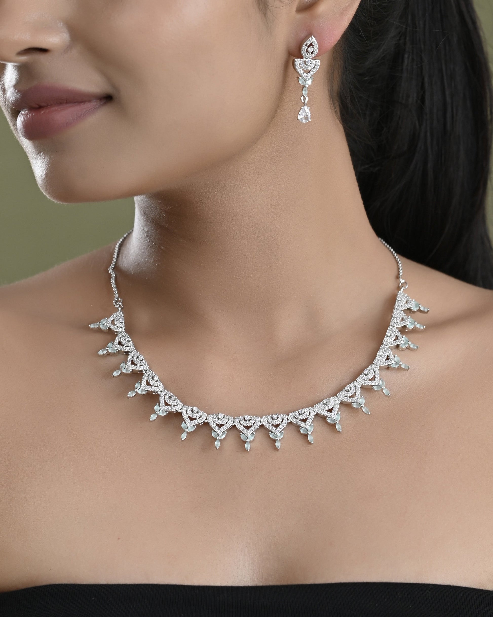 VOJ Silver Plated Mint Green Stone AD Necklace And Earrings Set - Swadesiicart