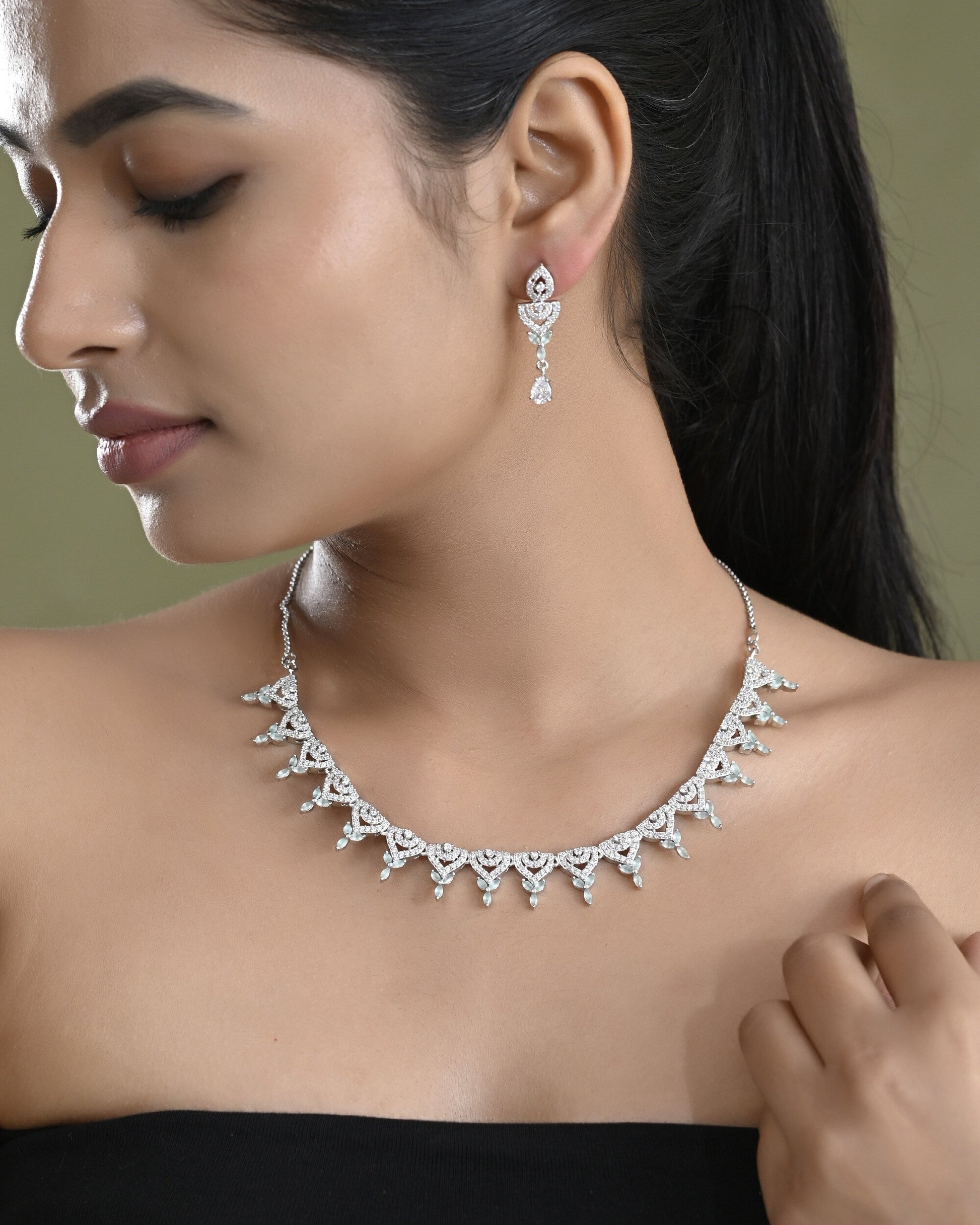 VOJ Silver Plated Mint Green Stone AD Necklace And Earrings Set - Swadesiicart