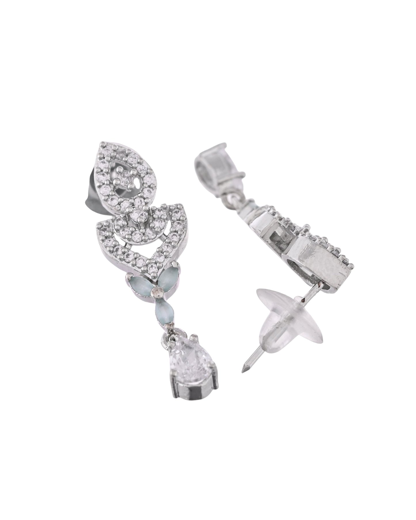 VOJ Silver Plated Mint Green Stone AD Necklace And Earrings Set - Swadesiicart