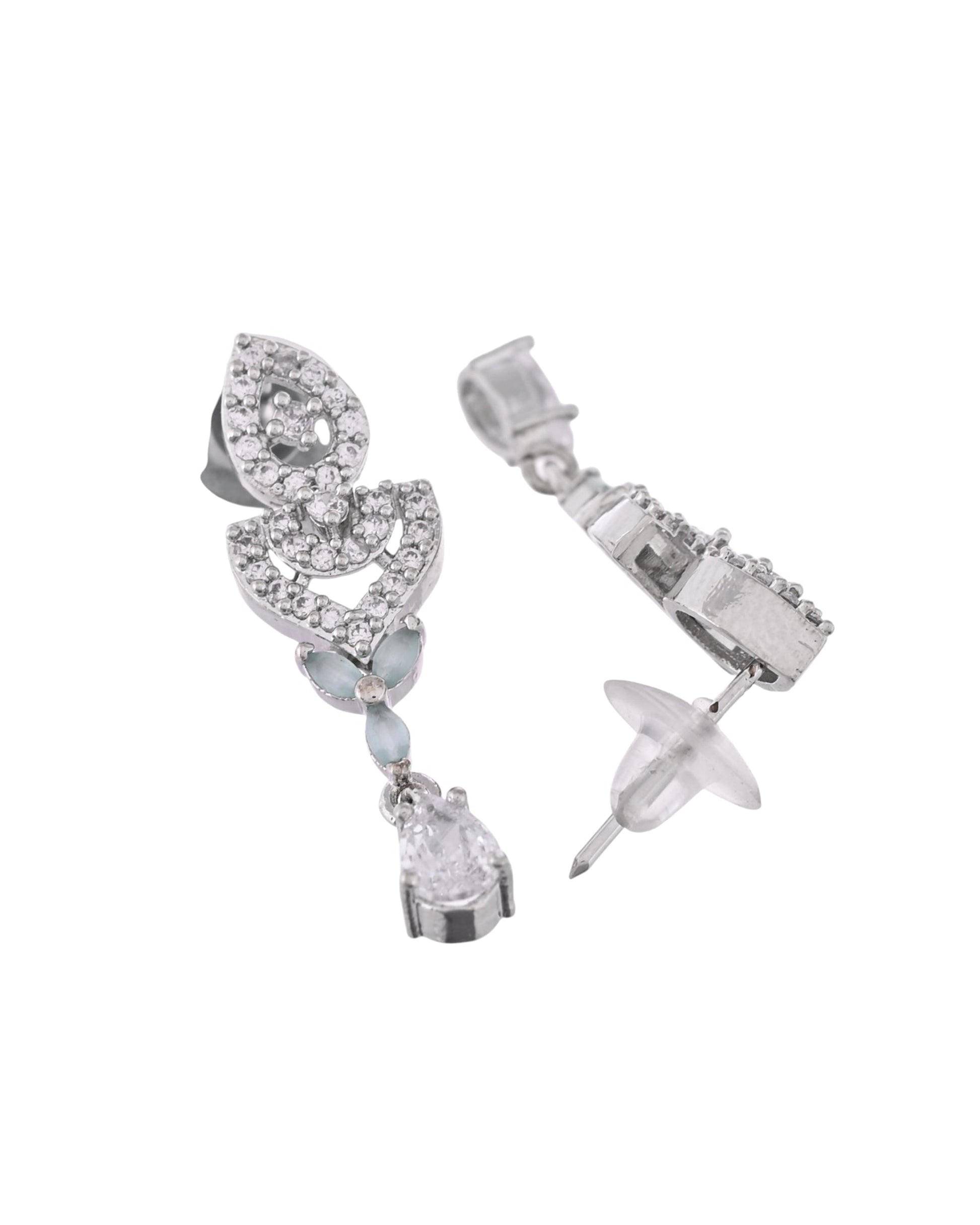 VOJ Silver Plated Mint Green Stone AD Necklace And Earrings Set - Swadesiicart