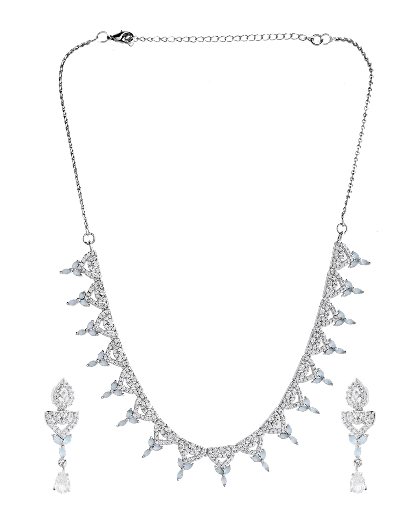 VOJ Silver Plated Mint Green Stone AD Necklace And Earrings Set - Swadesiicart