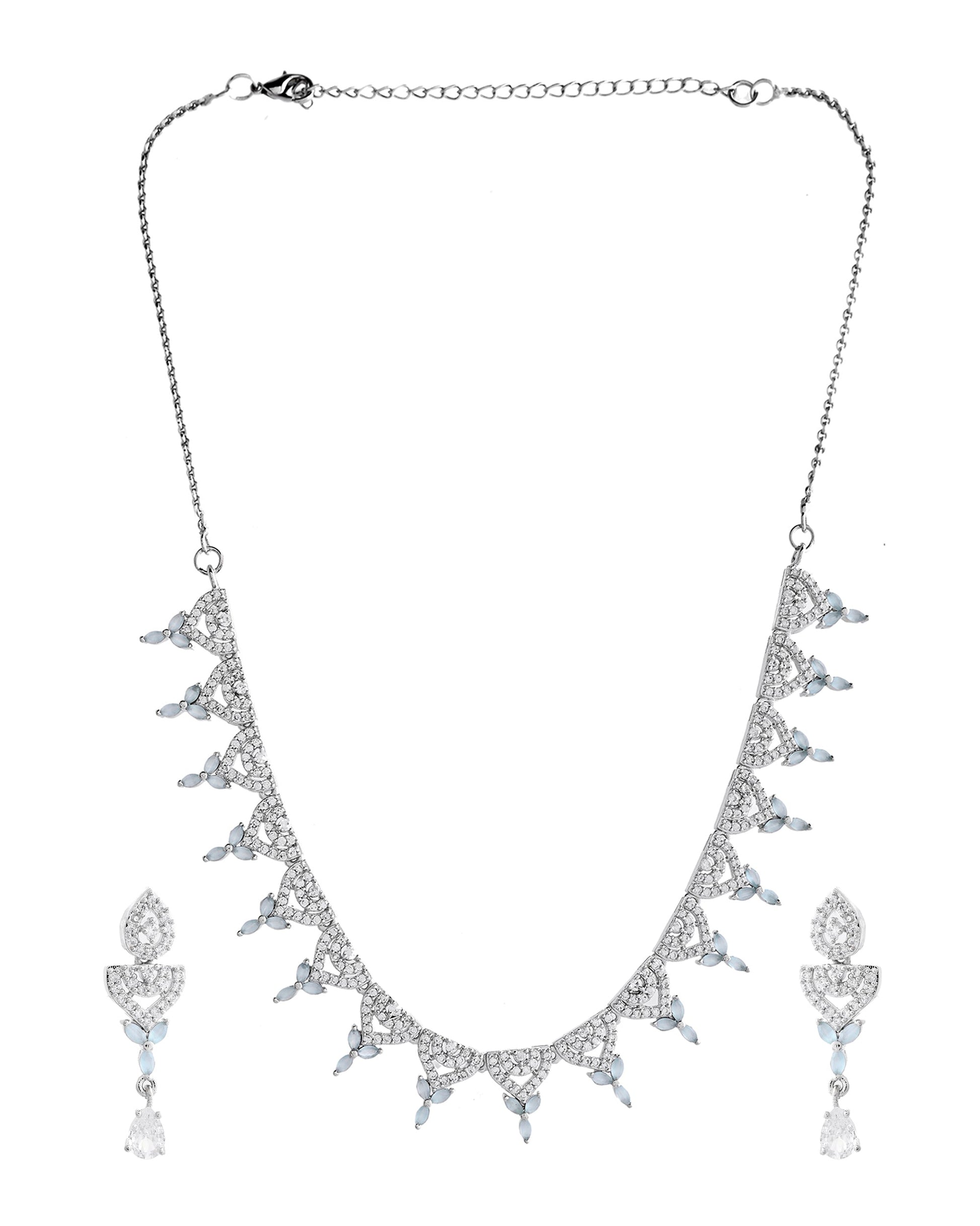 VOJ Silver Plated Mint Green Stone AD Necklace And Earrings Set - Swadesiicart