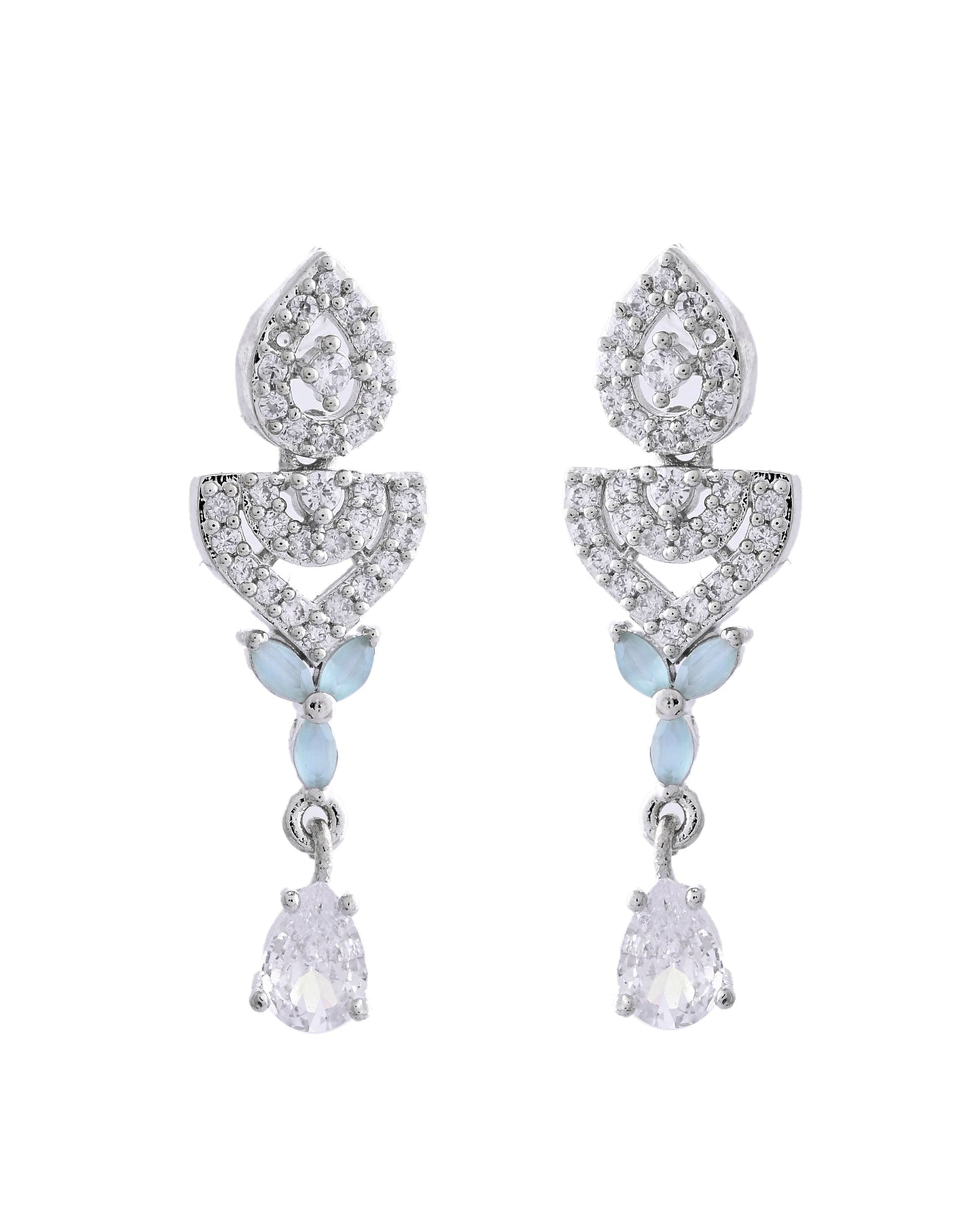 VOJ Silver Plated Mint Green Stone AD Necklace And Earrings Set - Swadesiicart