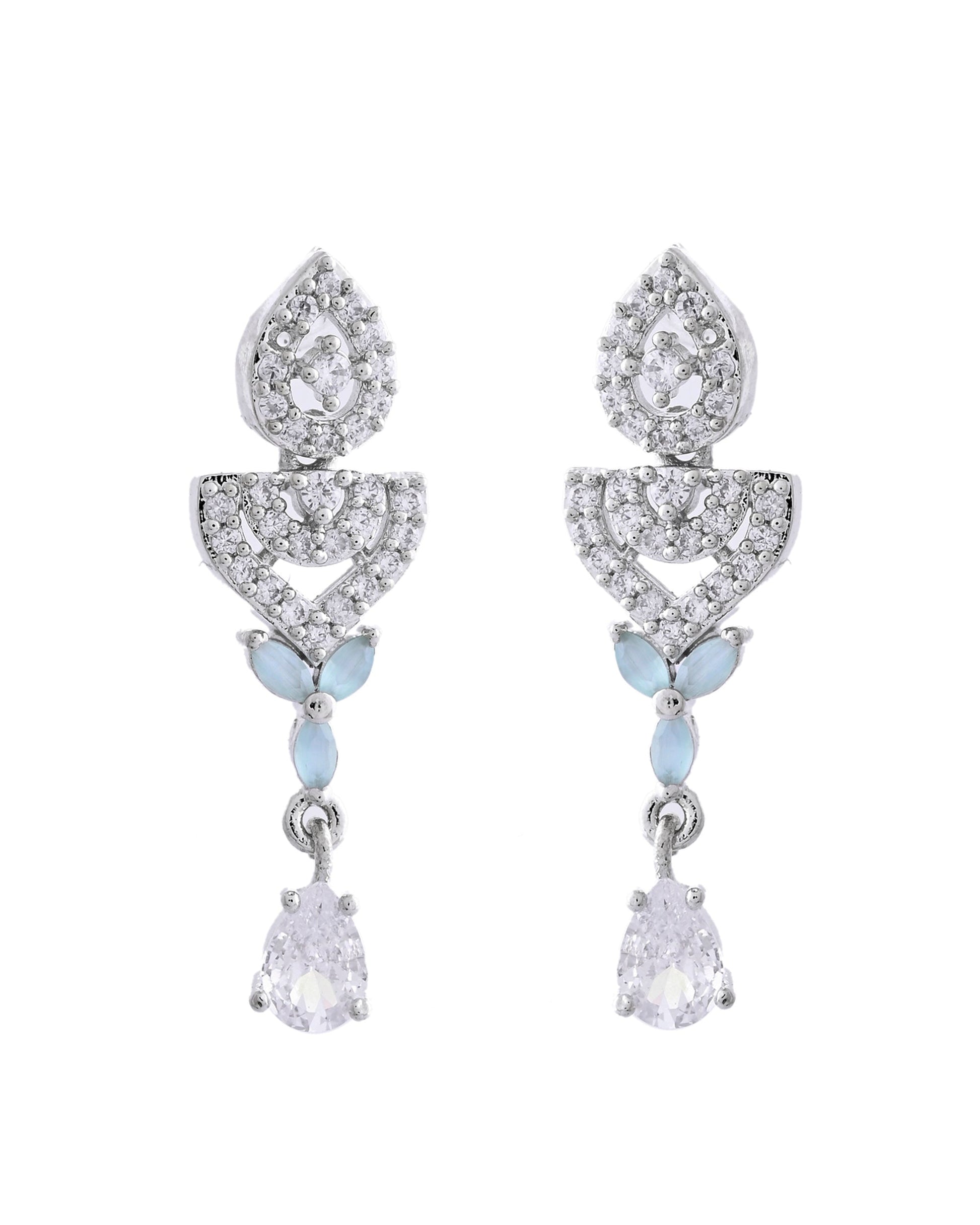 VOJ Silver Plated Mint Green Stone AD Necklace And Earrings Set - Swadesiicart