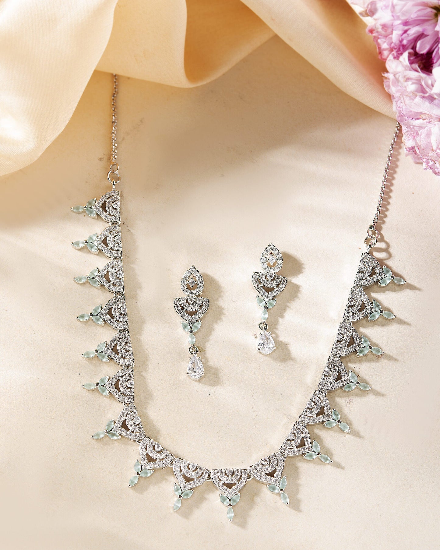 VOJ Silver Plated Mint Green Stone AD Necklace And Earrings Set - Swadesiicart