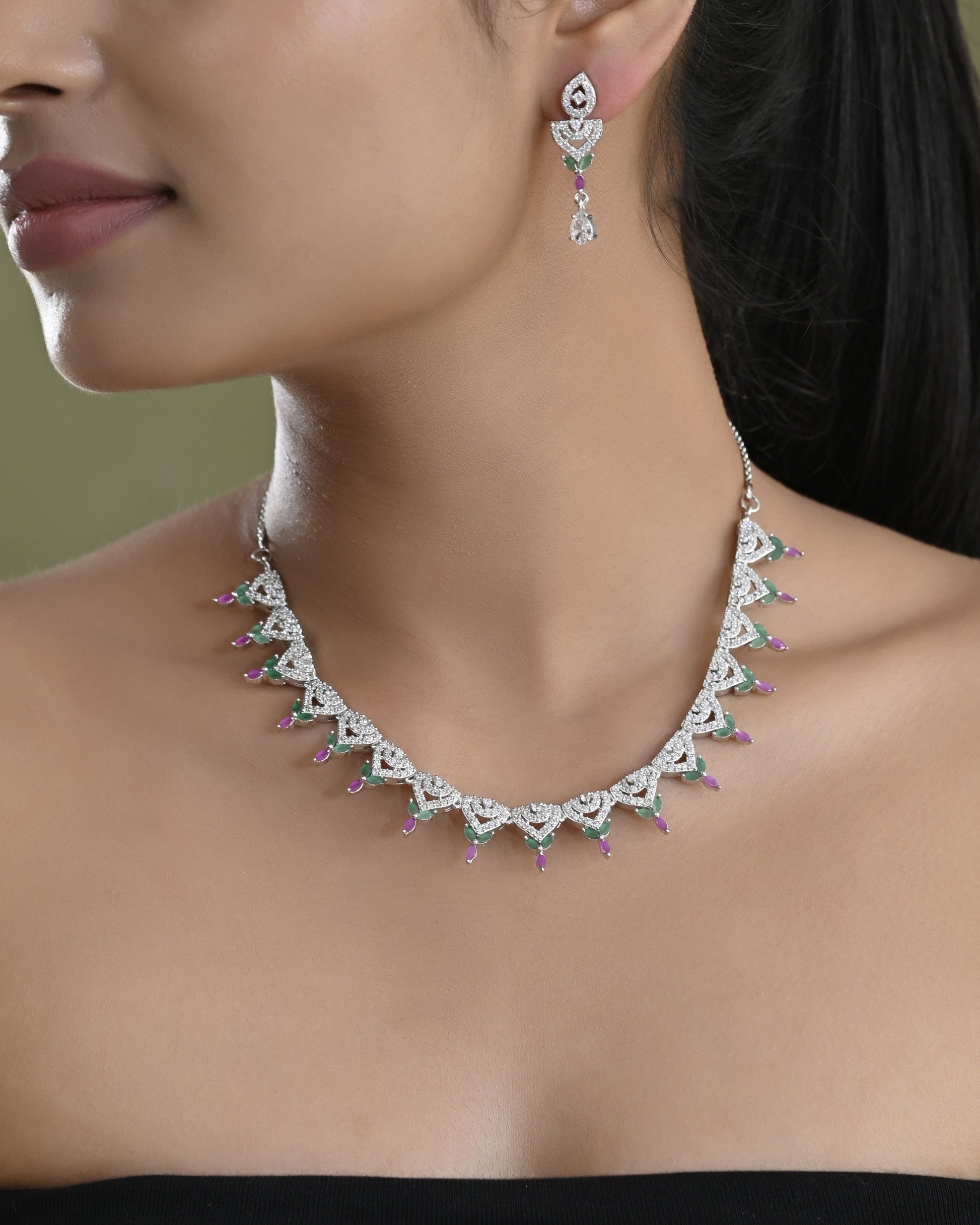 VOJ Silver Plated Green And Pink Stone AD Necklace And Earrings Set - Swadesiicart