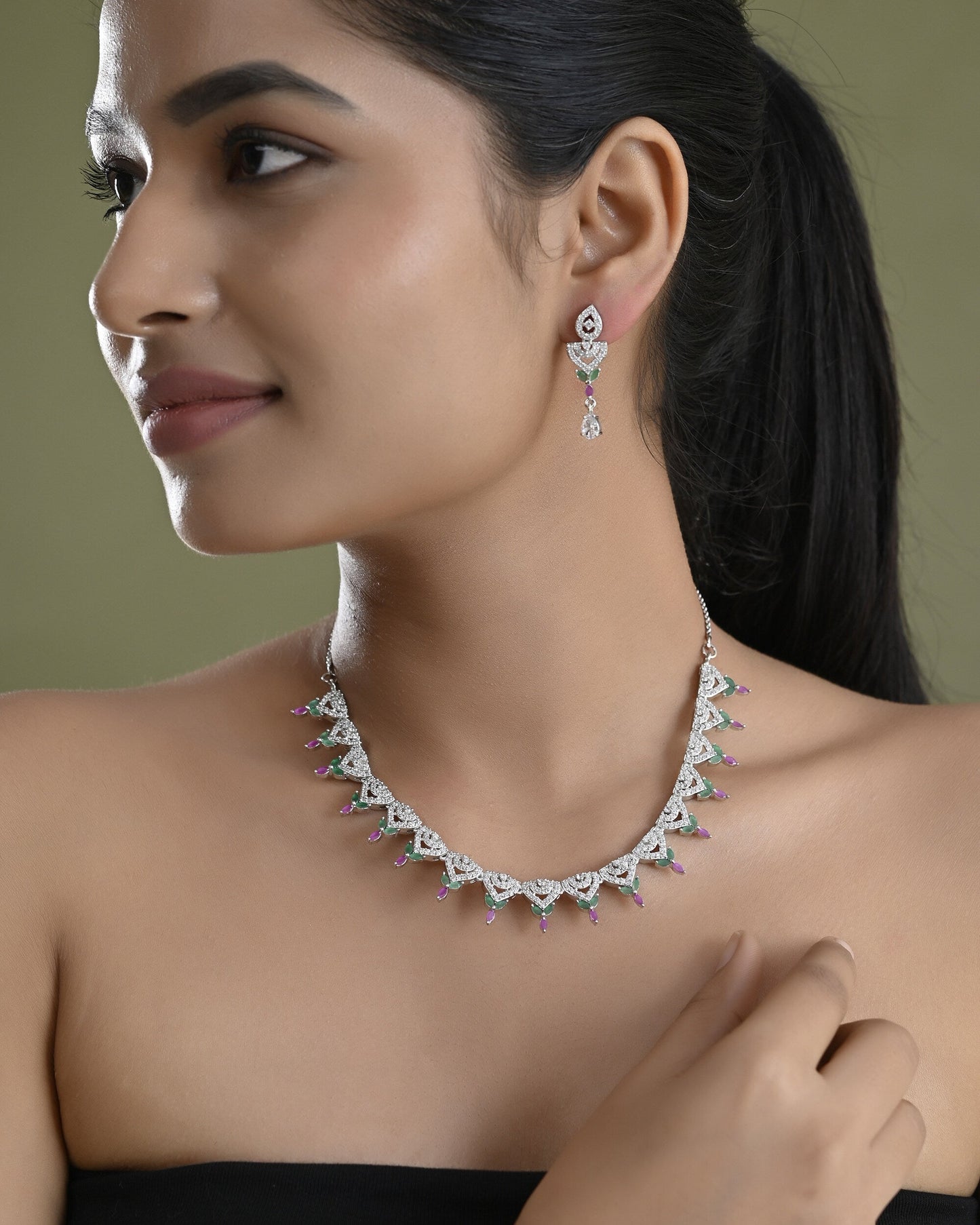 VOJ Silver Plated Green And Pink Stone AD Necklace And Earrings Set - Swadesiicart