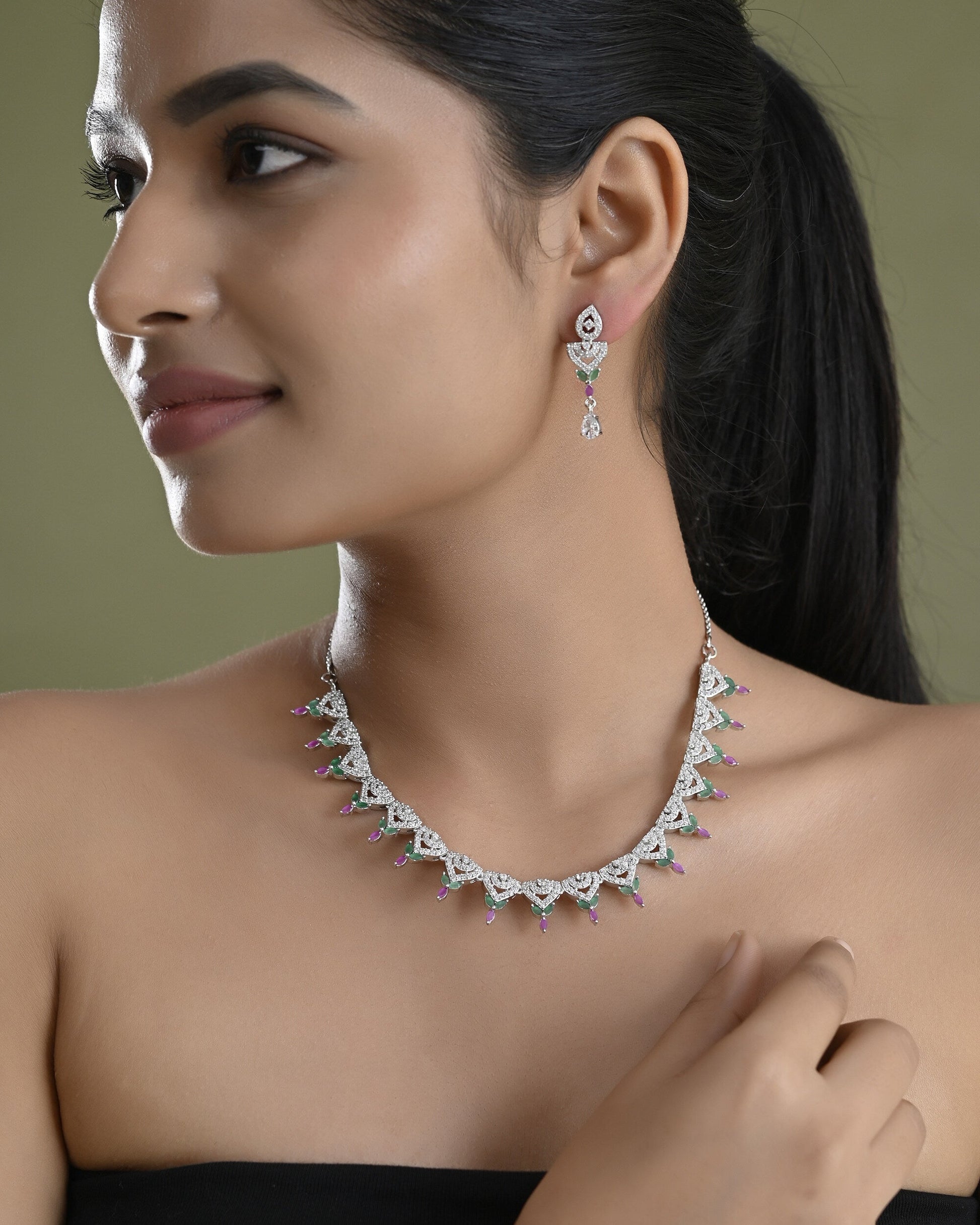 VOJ Silver Plated Green And Pink Stone AD Necklace And Earrings Set - Swadesiicart
