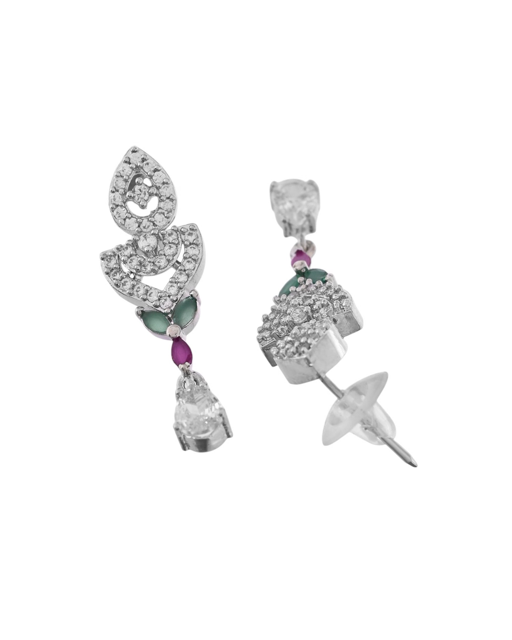 VOJ Silver Plated Green And Pink Stone AD Necklace And Earrings Set - Swadesiicart