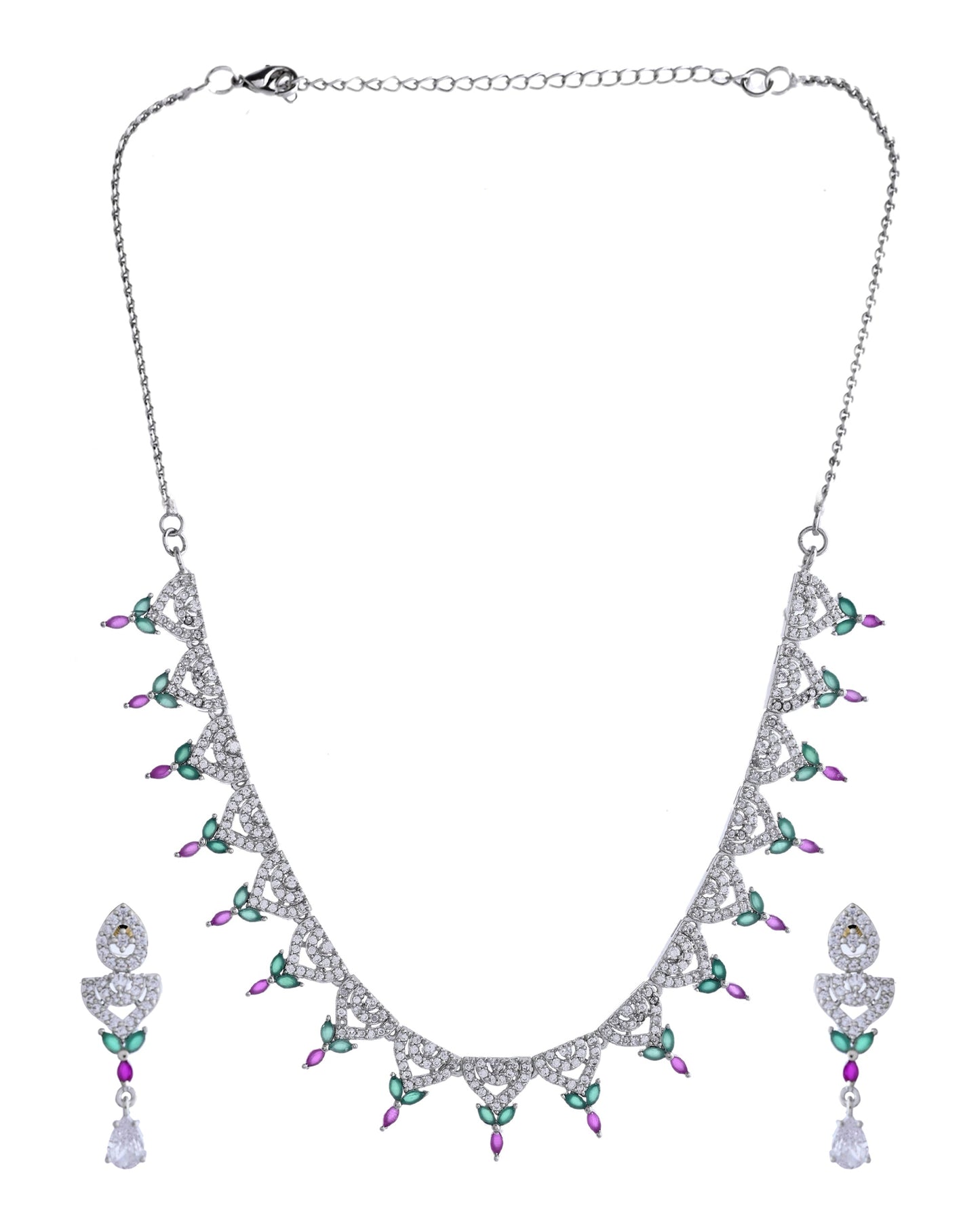 VOJ Silver Plated Green And Pink Stone AD Necklace And Earrings Set - Swadesiicart