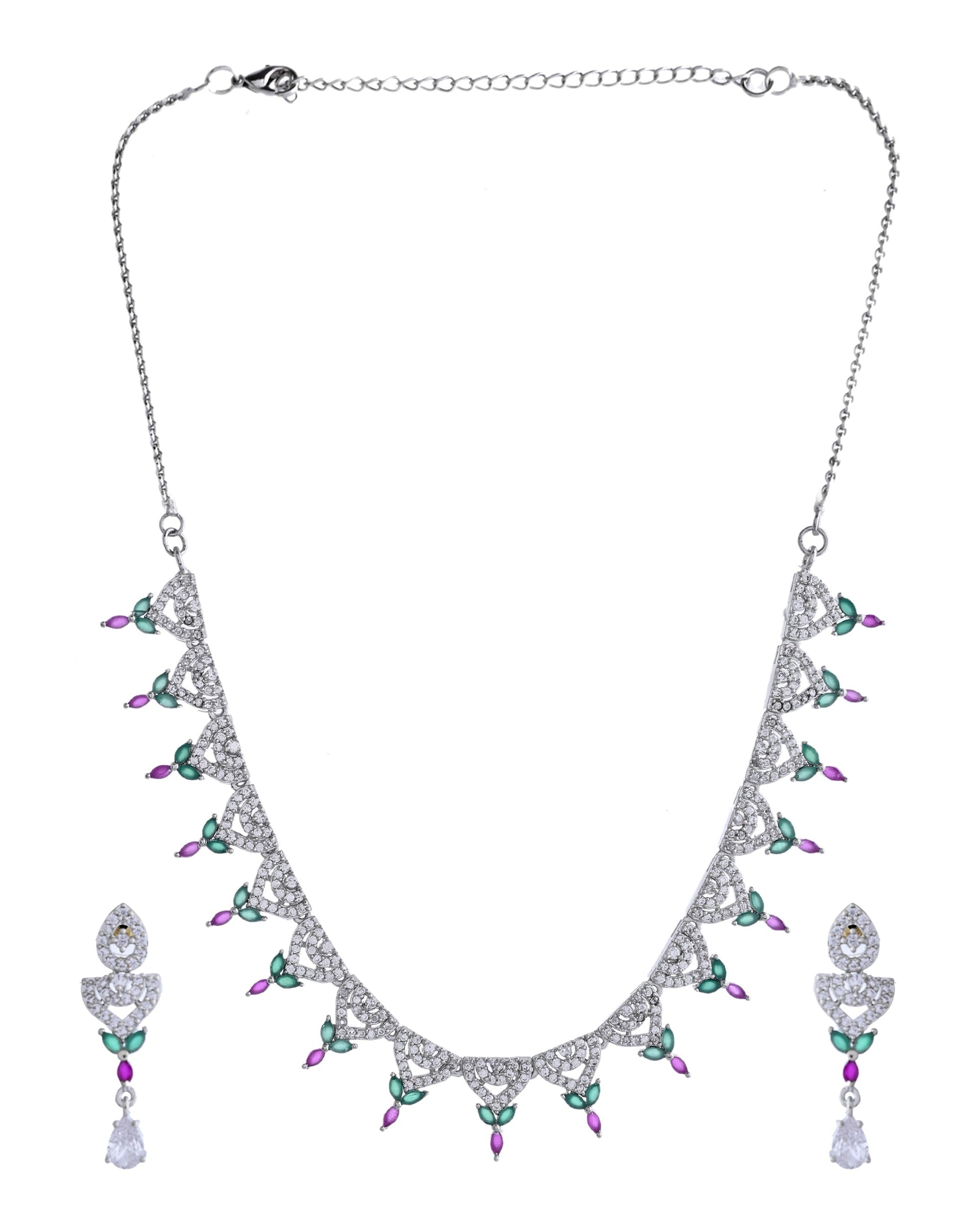 VOJ Silver Plated Green And Pink Stone AD Necklace And Earrings Set - Swadesiicart