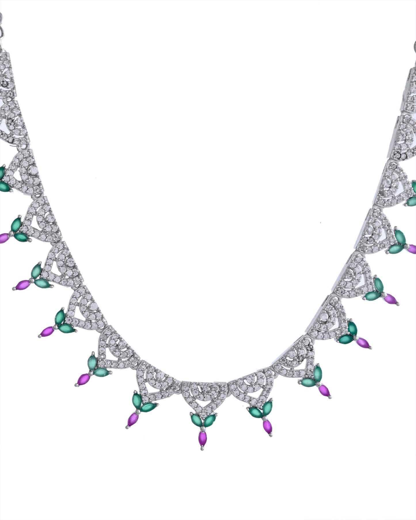 VOJ Silver Plated Green And Pink Stone AD Necklace And Earrings Set - Swadesiicart
