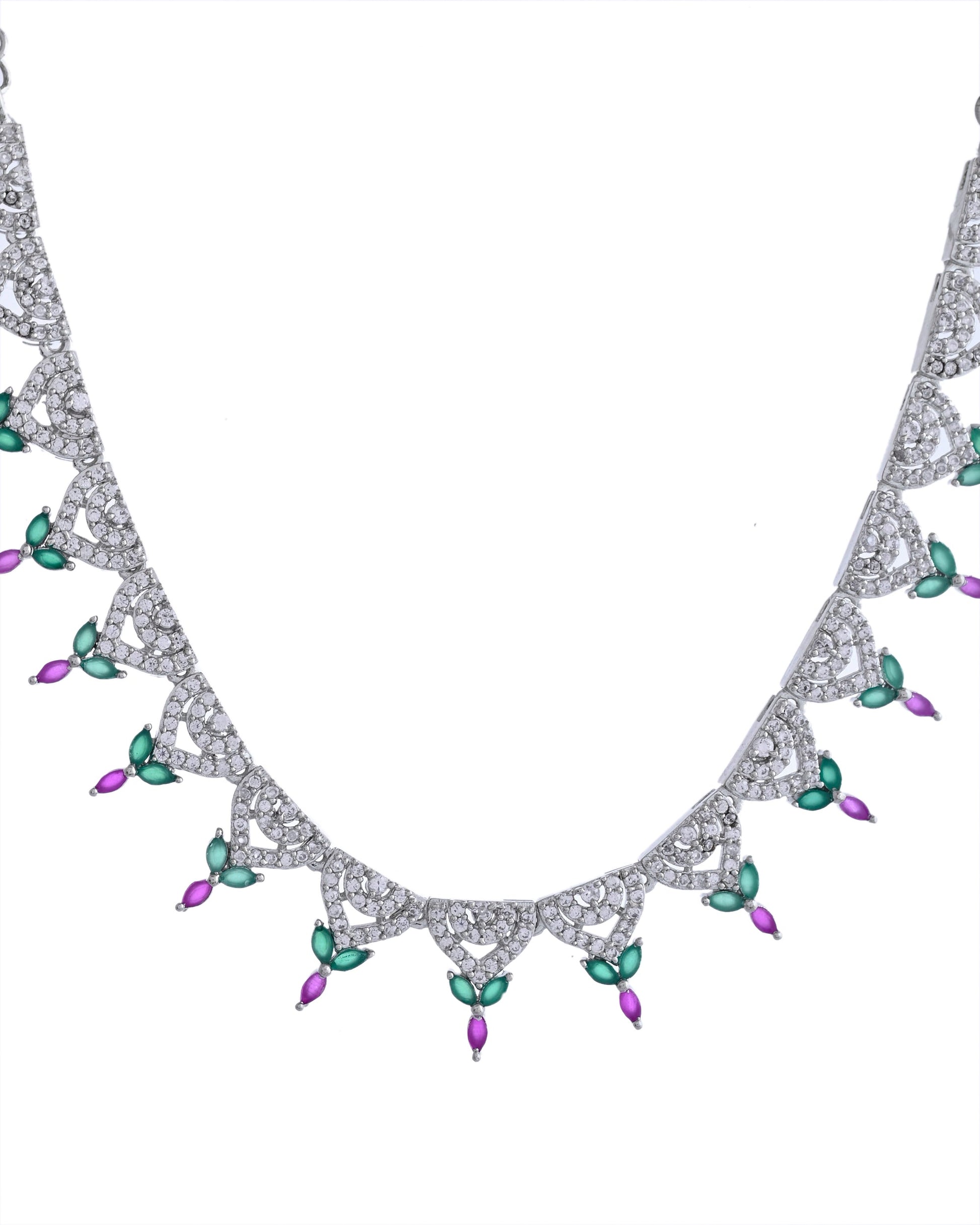 VOJ Silver Plated Green And Pink Stone AD Necklace And Earrings Set - Swadesiicart