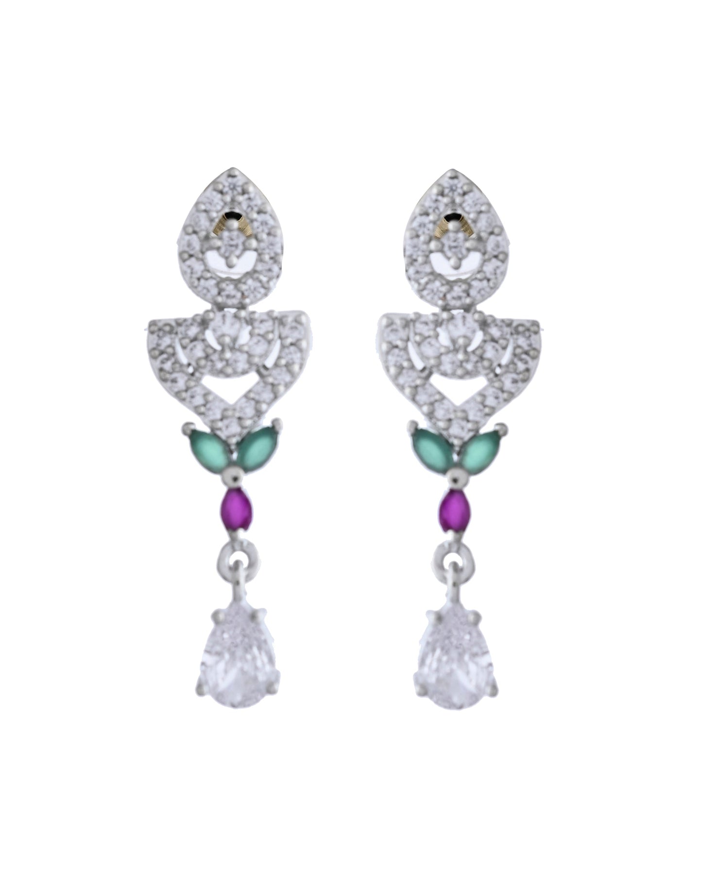 VOJ Silver Plated Green And Pink Stone AD Necklace And Earrings Set - Swadesiicart
