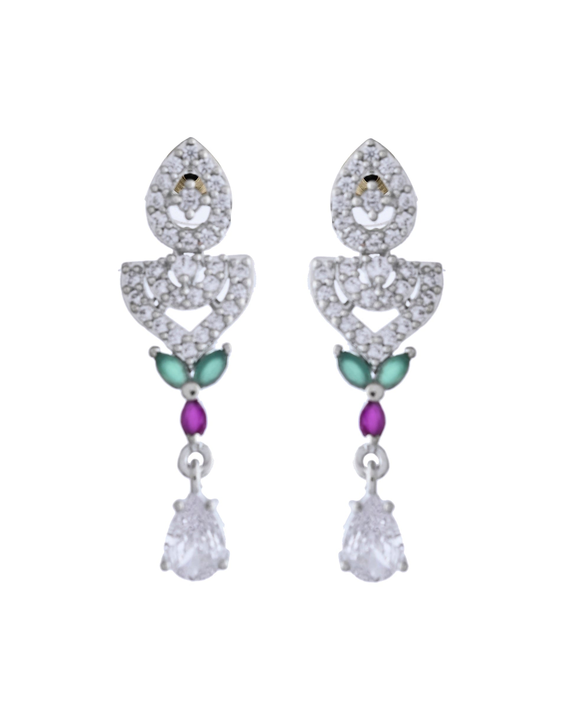 VOJ Silver Plated Green And Pink Stone AD Necklace And Earrings Set - Swadesiicart