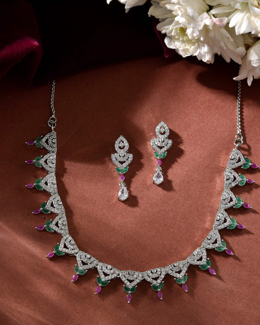 VOJ Silver Plated Green And Pink Stone AD Necklace And Earrings Set - Swadesiicart