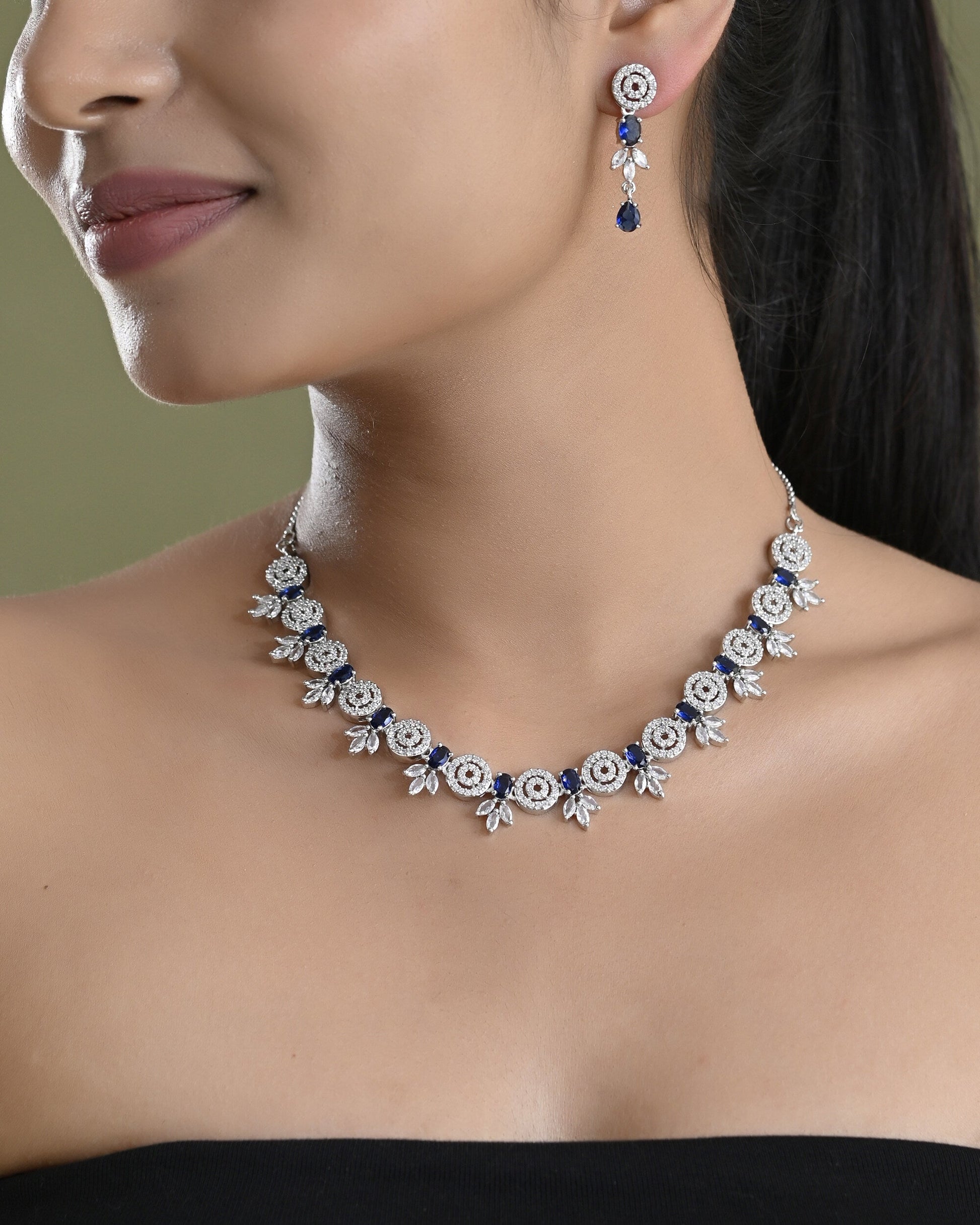 VOJ Silver Plated Dark Blue Stone Circular AD Jewellery Set - Swadesiicart