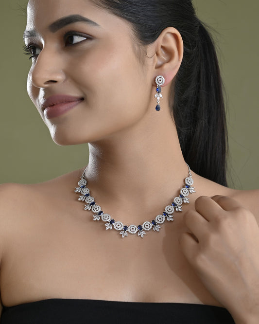 VOJ Silver Plated Dark Blue Stone Circular AD Jewellery Set - Swadesiicart