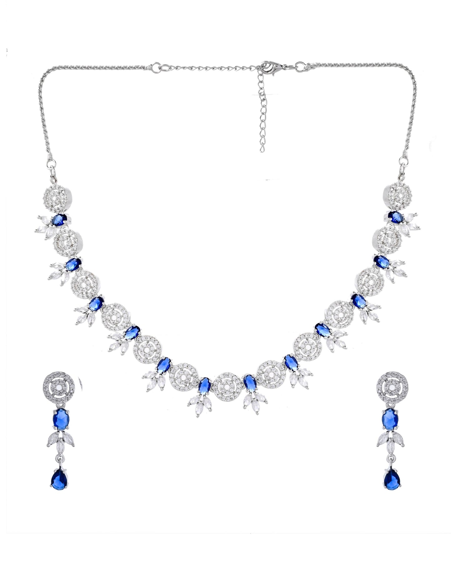 VOJ Silver Plated Dark Blue Stone Circular AD Jewellery Set - Swadesiicart