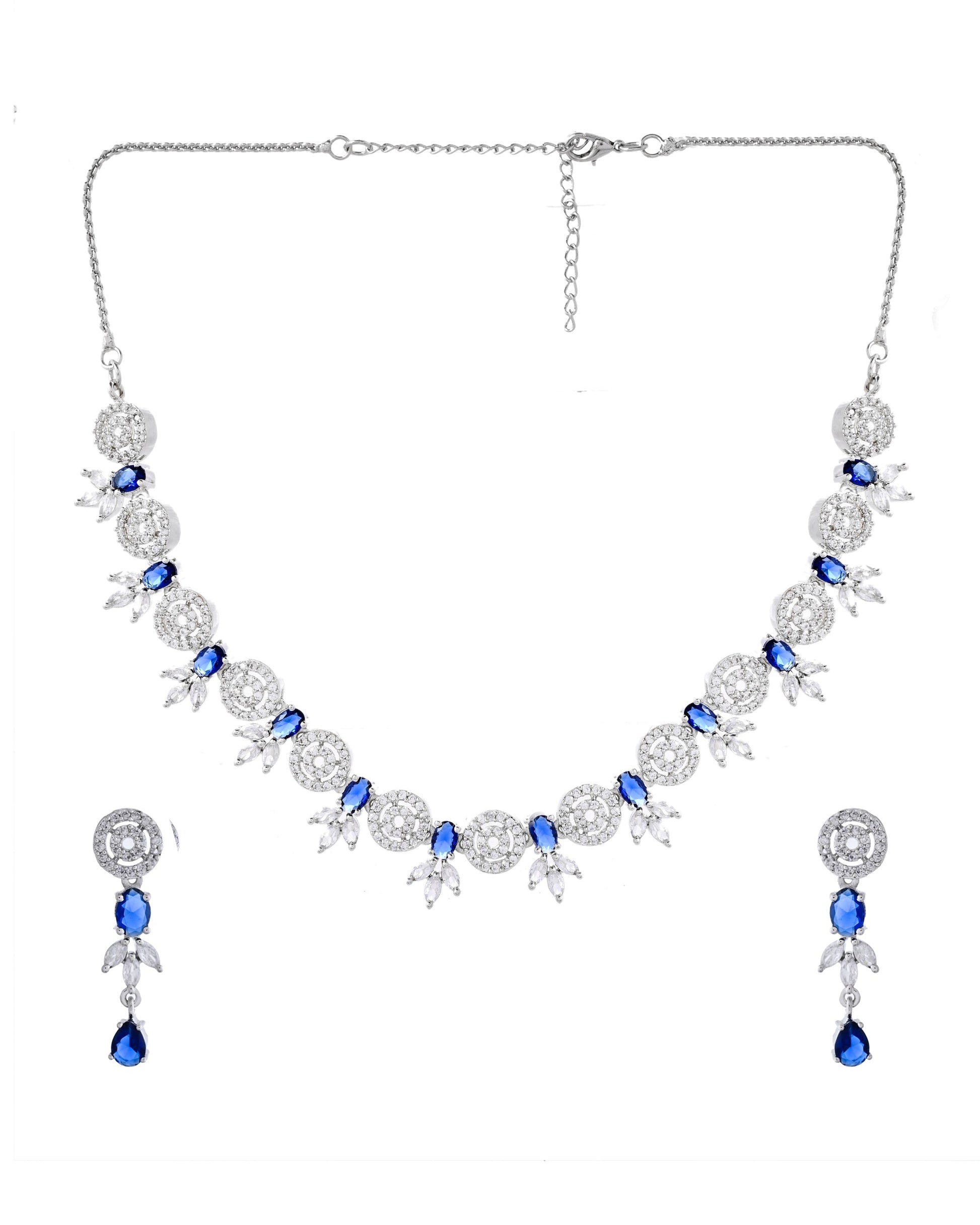 VOJ Silver Plated Dark Blue Stone Circular AD Jewellery Set - Swadesiicart