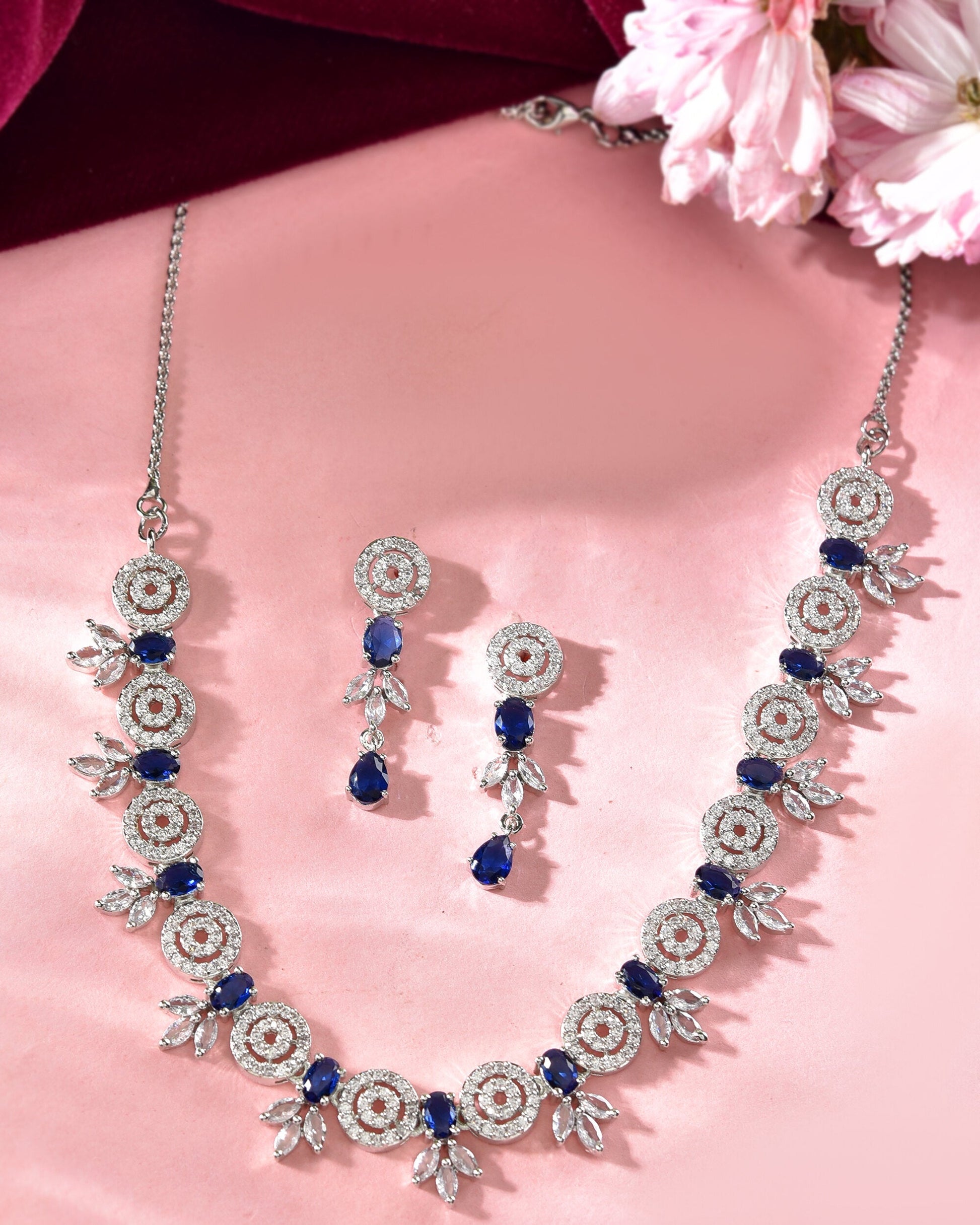 VOJ Silver Plated Dark Blue Stone Circular AD Jewellery Set - Swadesiicart