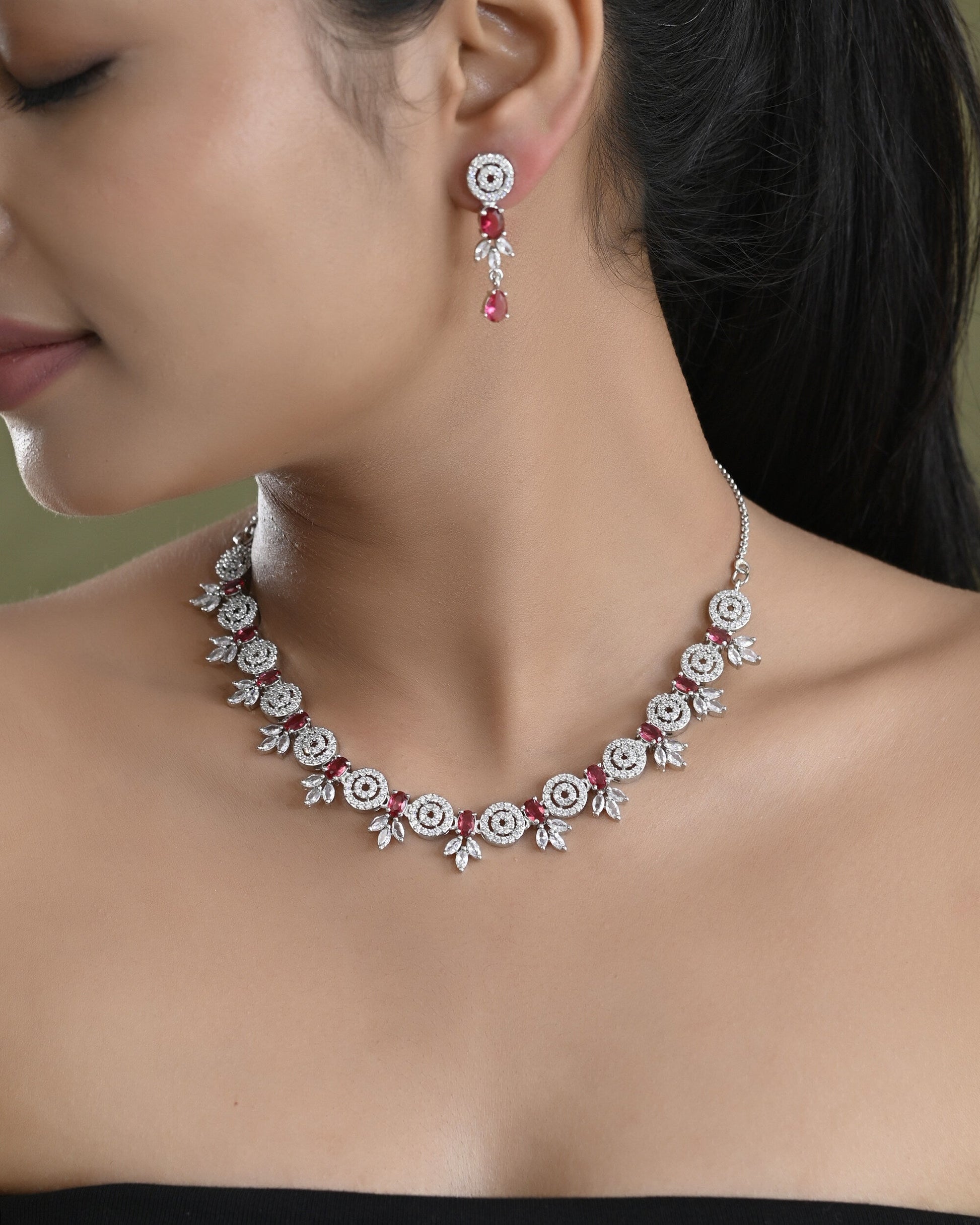 VOJ Silver Plated Pink Stone Circular AD Jewellery Set - Swadesiicart