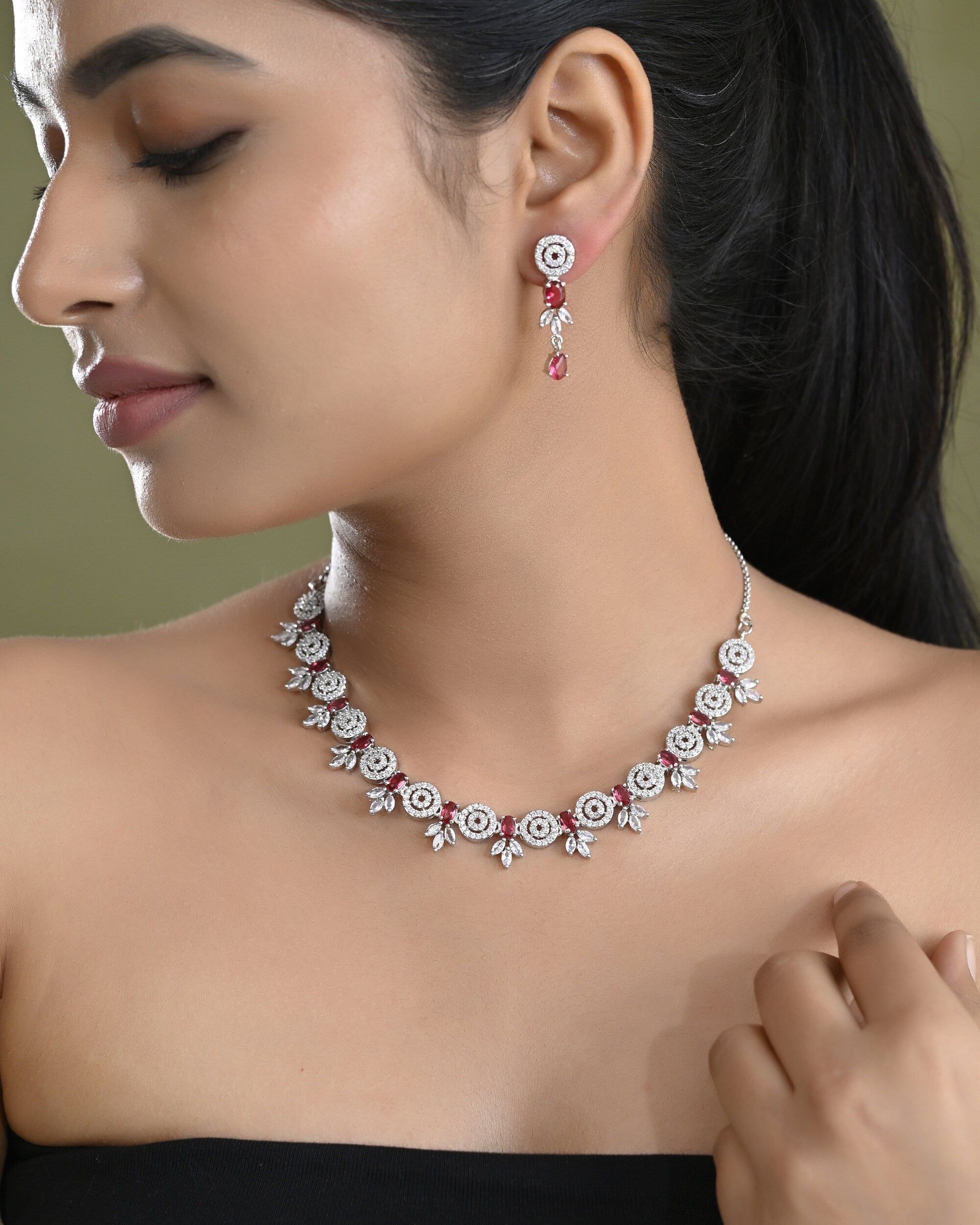 VOJ Silver Plated Pink Stone Circular AD Jewellery Set - Swadesiicart