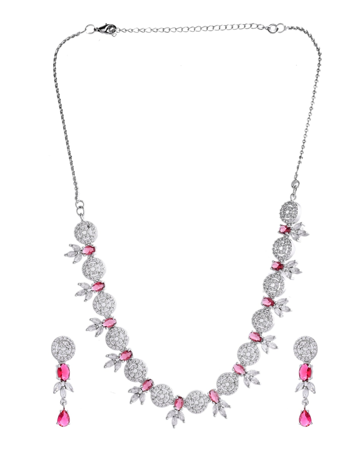 VOJ Silver Plated Pink Stone Circular AD Jewellery Set - Swadesiicart
