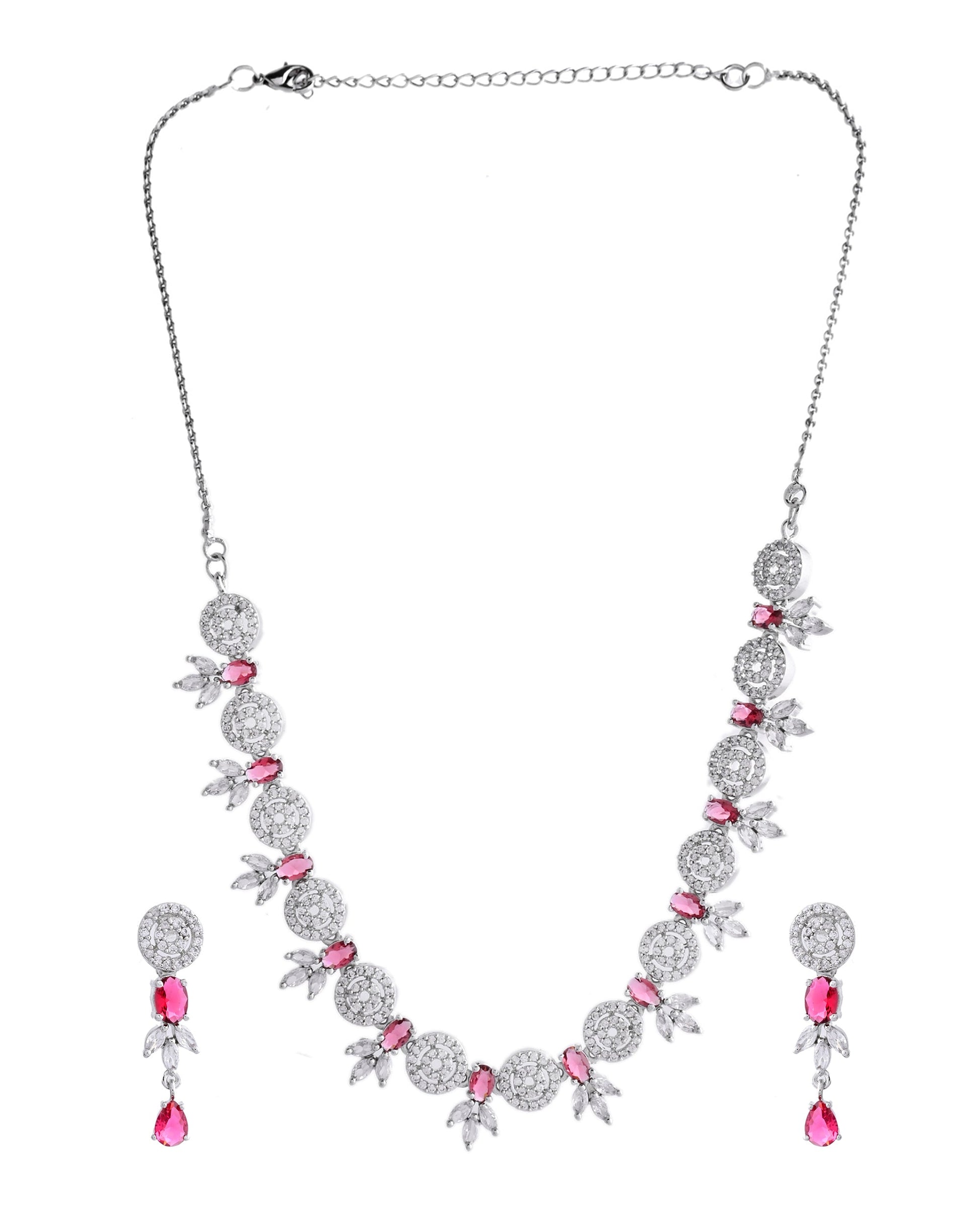 VOJ Silver Plated Pink Stone Circular AD Jewellery Set - Swadesiicart