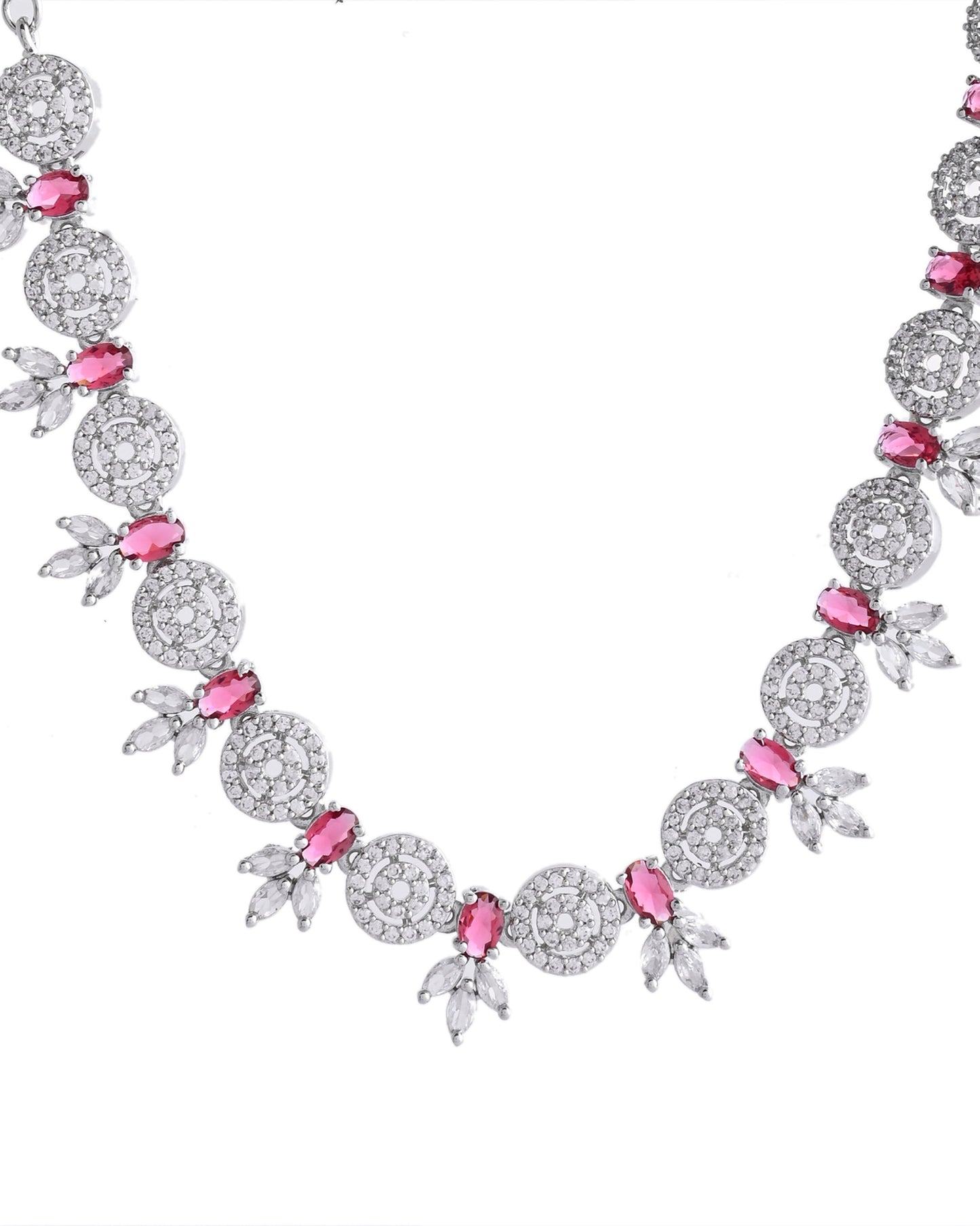 VOJ Silver Plated Pink Stone Circular AD Jewellery Set - Swadesiicart